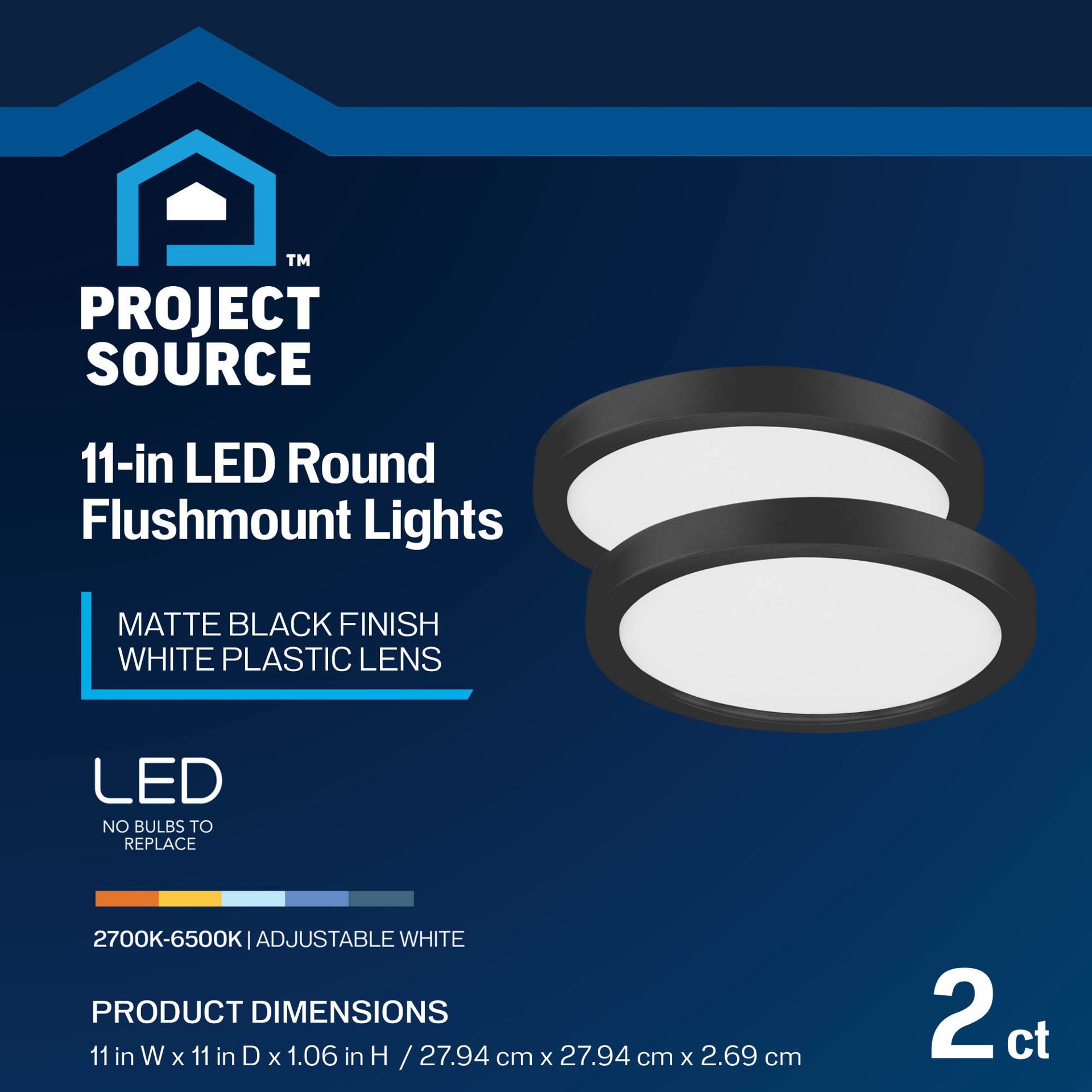 slide 3 of 6, Project Source Edge Light 1 -Light 11-in Matte Black Indoor/Outdoor Integrated LED Flush Mount Light 2 -Pack, 1 ct