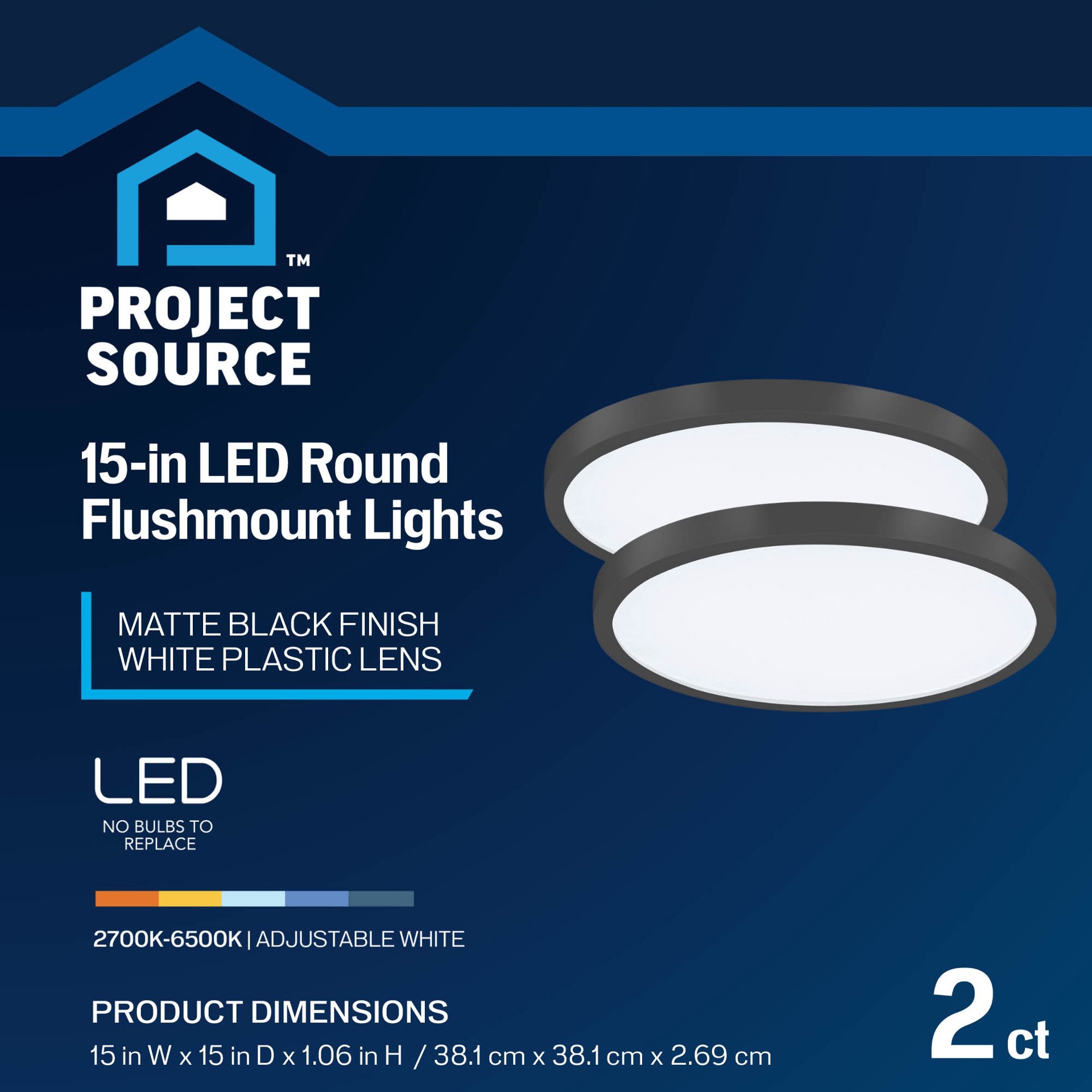 slide 3 of 6, Project Source Edge Light 1 -Light 15-in Matte Black Indoor/Outdoor Integrated LED Flush Mount Light 2 -Pack, 1 ct