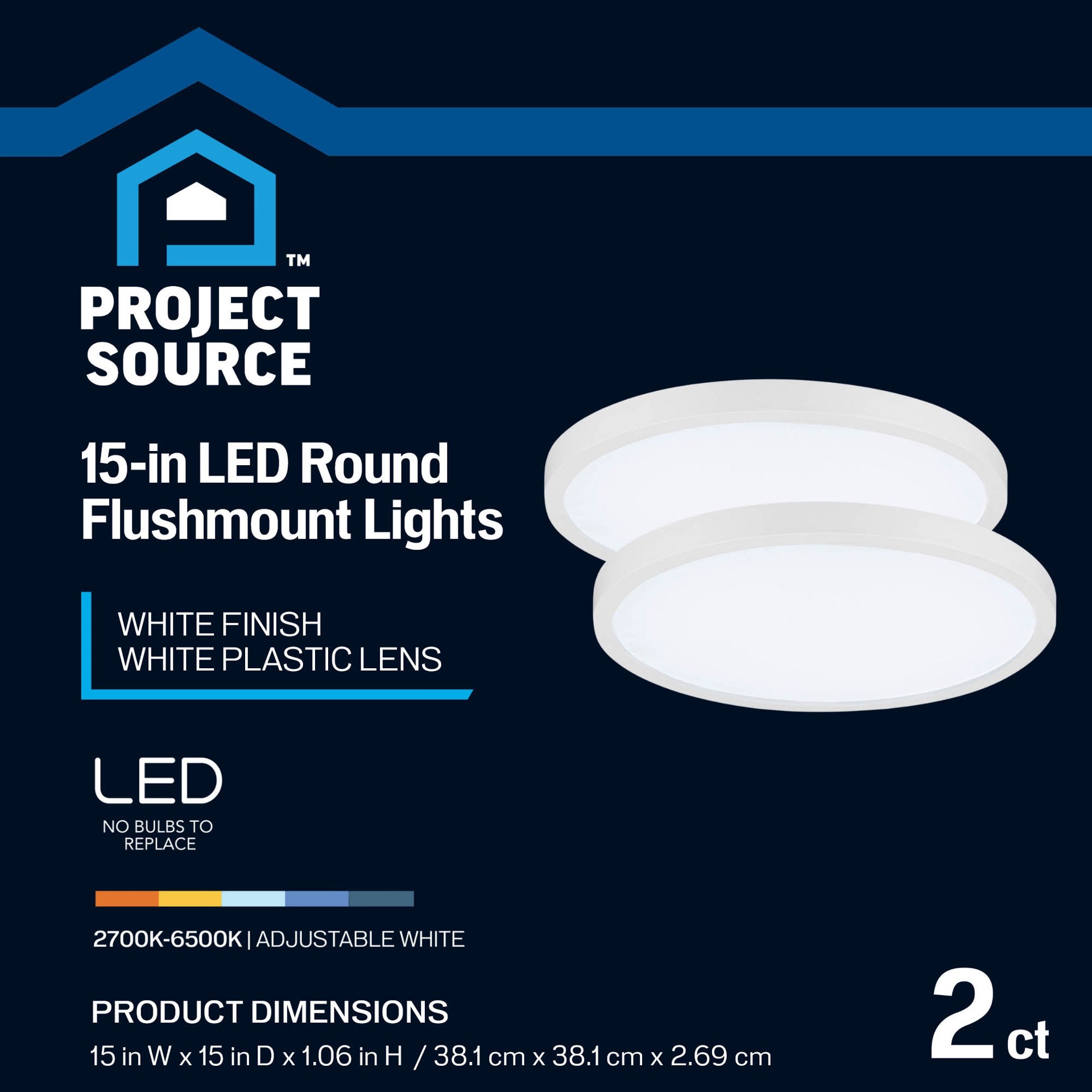 slide 3 of 6, Project Source Edge Light 1 -Light 15-in Matte White Indoor/Outdoor Integrated LED Flush Mount Light 2 -Pack, 1 ct