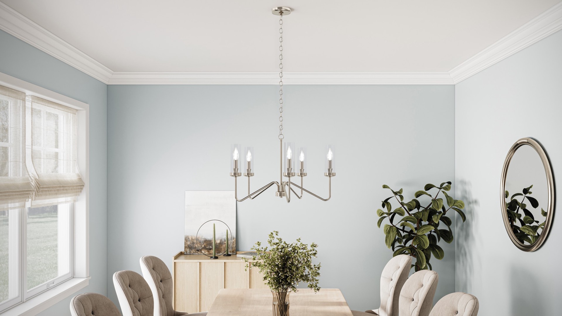 slide 3 of 6, allen + roth Lewis 5 -Light Brushed Nickel Traditional For Use in Bedrooms, Dining Rooms, Foyers, Kitchens, Living Rooms Chandelier, 1 ct