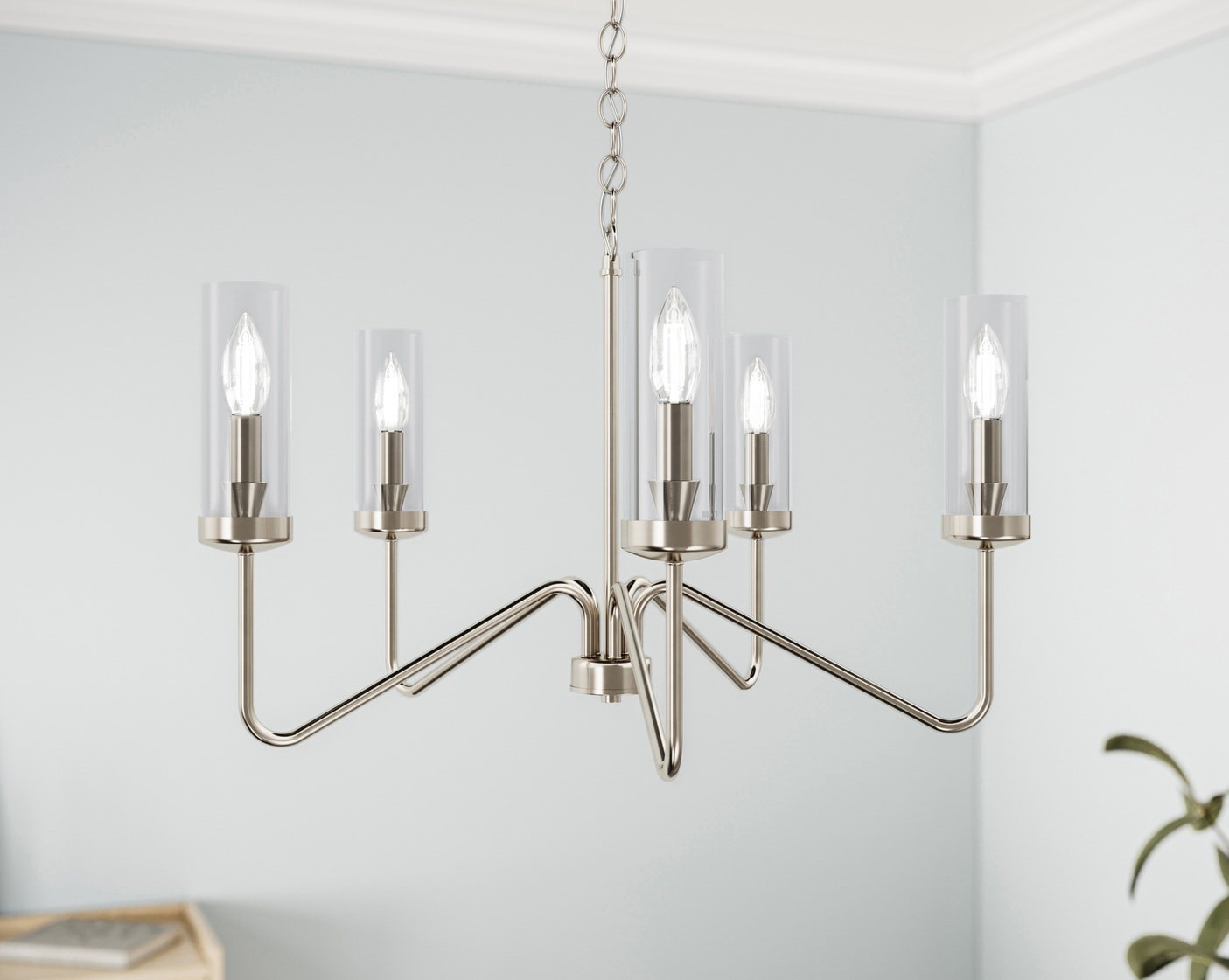 slide 1 of 6, allen + roth Lewis 5 -Light Brushed Nickel Traditional For Use in Bedrooms, Dining Rooms, Foyers, Kitchens, Living Rooms Chandelier, 1 ct