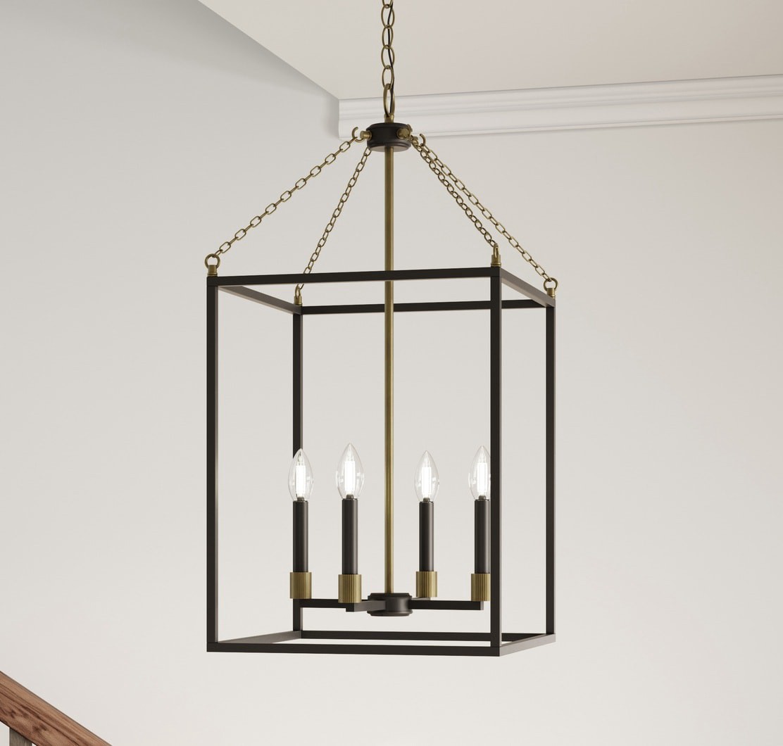 slide 1 of 6, allen + roth Foster 4 -Light Black Industrial Cage For Use in Bedrooms, Dining Rooms, Foyers, Kitchens, Living Rooms Chandelier, 1 ct