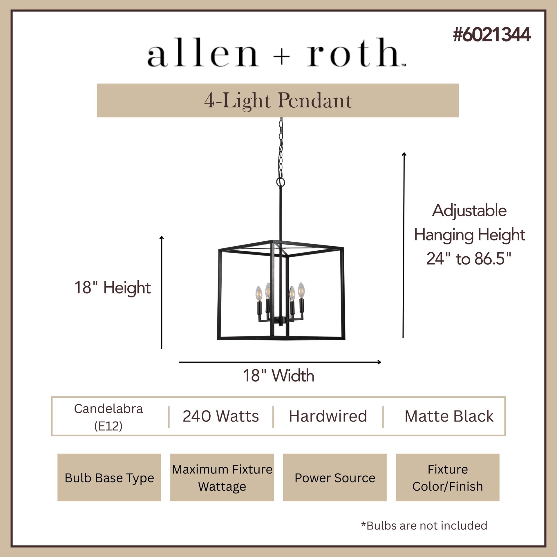 slide 3 of 6, allen + roth Gordon 4 -Light Matte Black Transitional Square Medium Hanging Pendant light, 1 ct