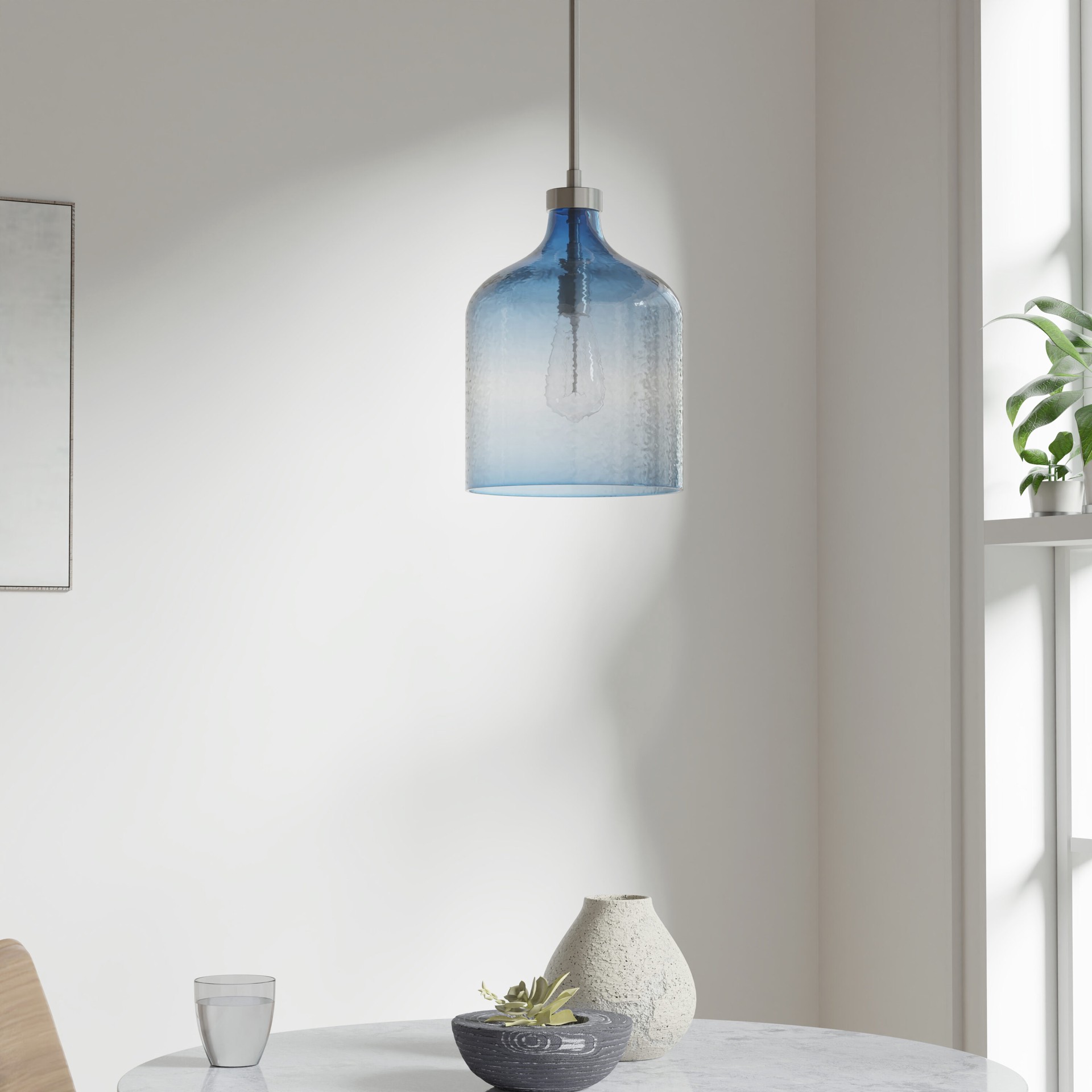 slide 1 of 6, allen + roth Radcliff 1 -Light Brushed Nickel Coastal Art glass Cylinder Medium Hanging Pendant light, 1 ct