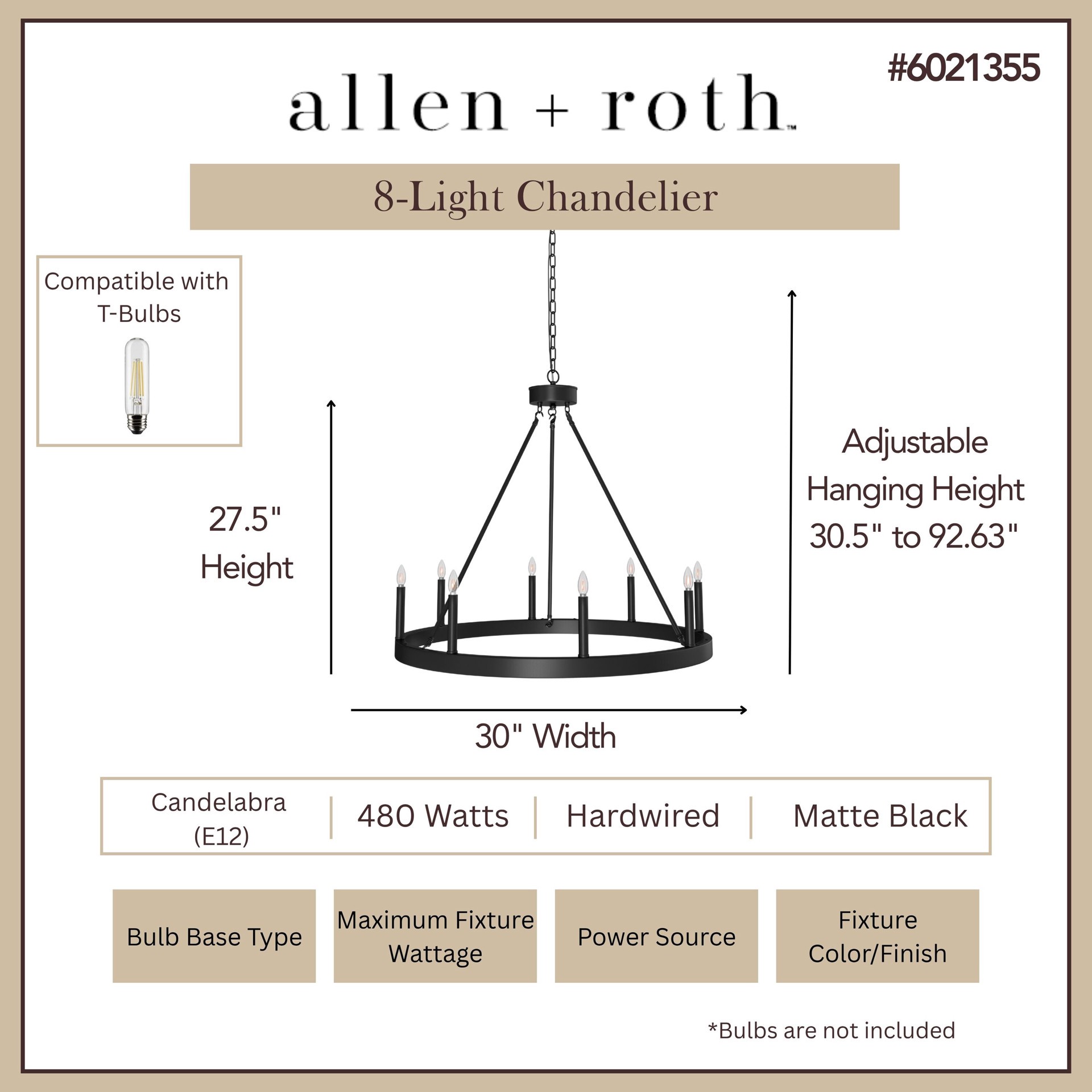 slide 3 of 6, allen + roth Dalton 8 -Light Matte Black Transitional Bare bulb For Use in Bathrooms, Bedrooms, Dining Rooms, Foyers, Kitchens, Living Rooms Chandelier, 1 ct