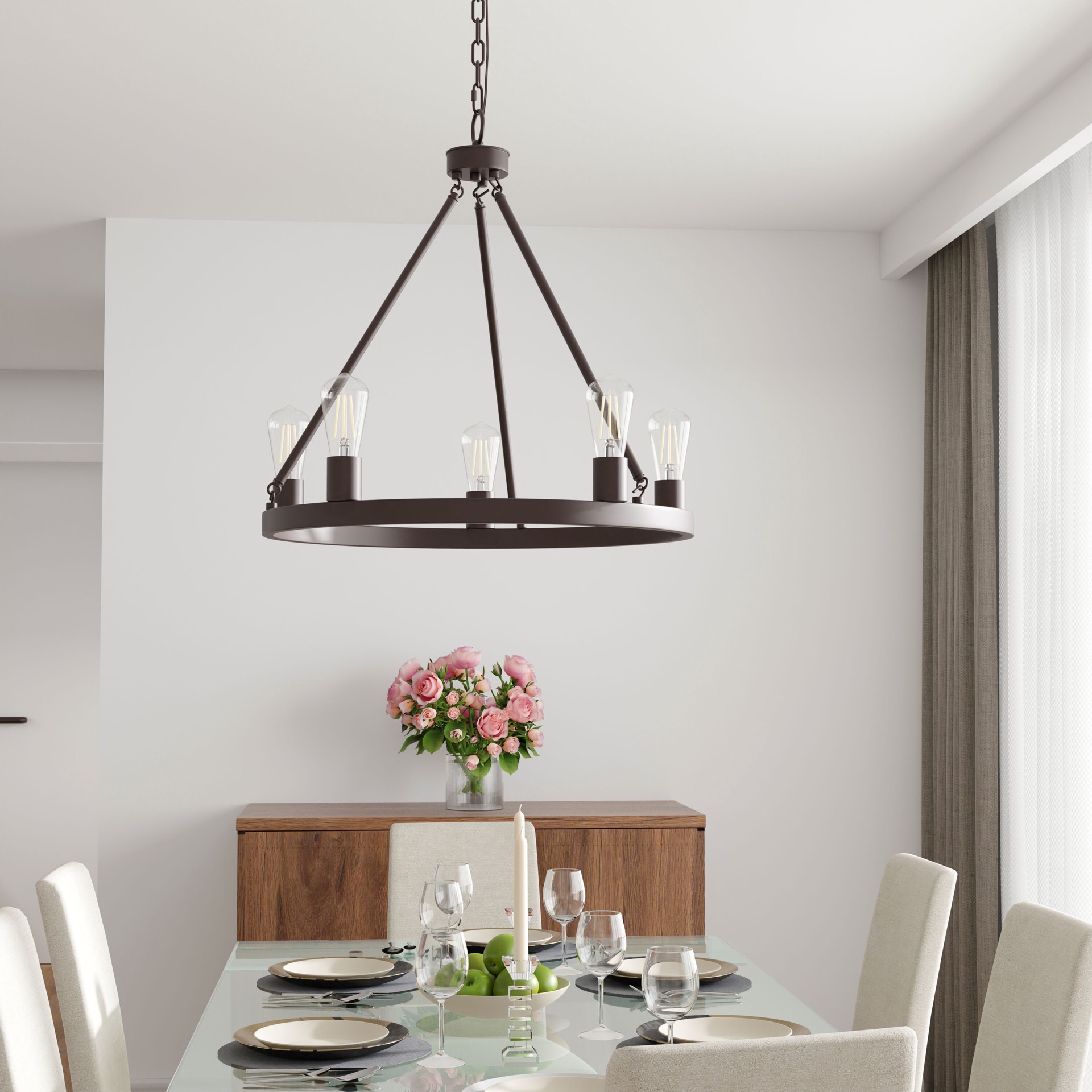 slide 5 of 6, allen + roth Dixon 5 -Light Bronze Transitional Bare bulb For Use in Bedrooms, Dining Rooms, Foyers, Kitchens, Living Rooms Chandelier, 1 ct