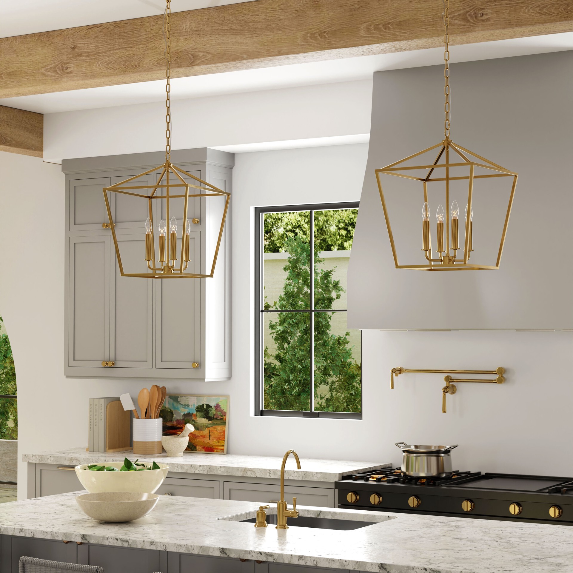 slide 4 of 6, allen + roth Lane 4 -Light Gold Transitional Square Medium Indoor/Outdoor Hanging Pendant light, 1 ct