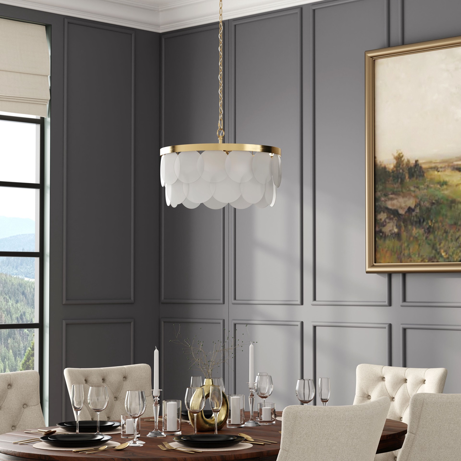 slide 4 of 6, allen + roth Paterson 3 -Light Gold Glam Capiz For Use in Bathrooms, Bedrooms, Dining Rooms, Foyers, Kitchens, Living Rooms Chandelier, 1 ct