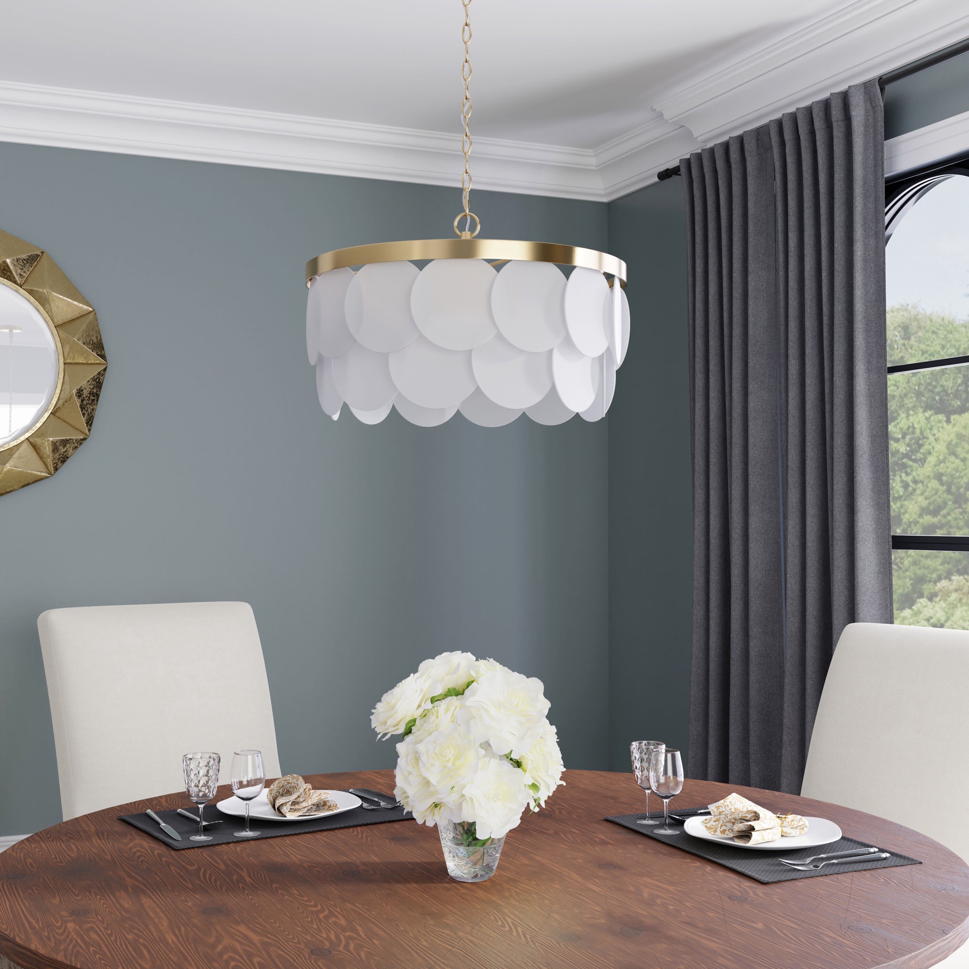 slide 5 of 6, allen + roth Paterson 3 -Light Gold Glam Capiz For Use in Bathrooms, Bedrooms, Dining Rooms, Foyers, Kitchens, Living Rooms Chandelier, 1 ct