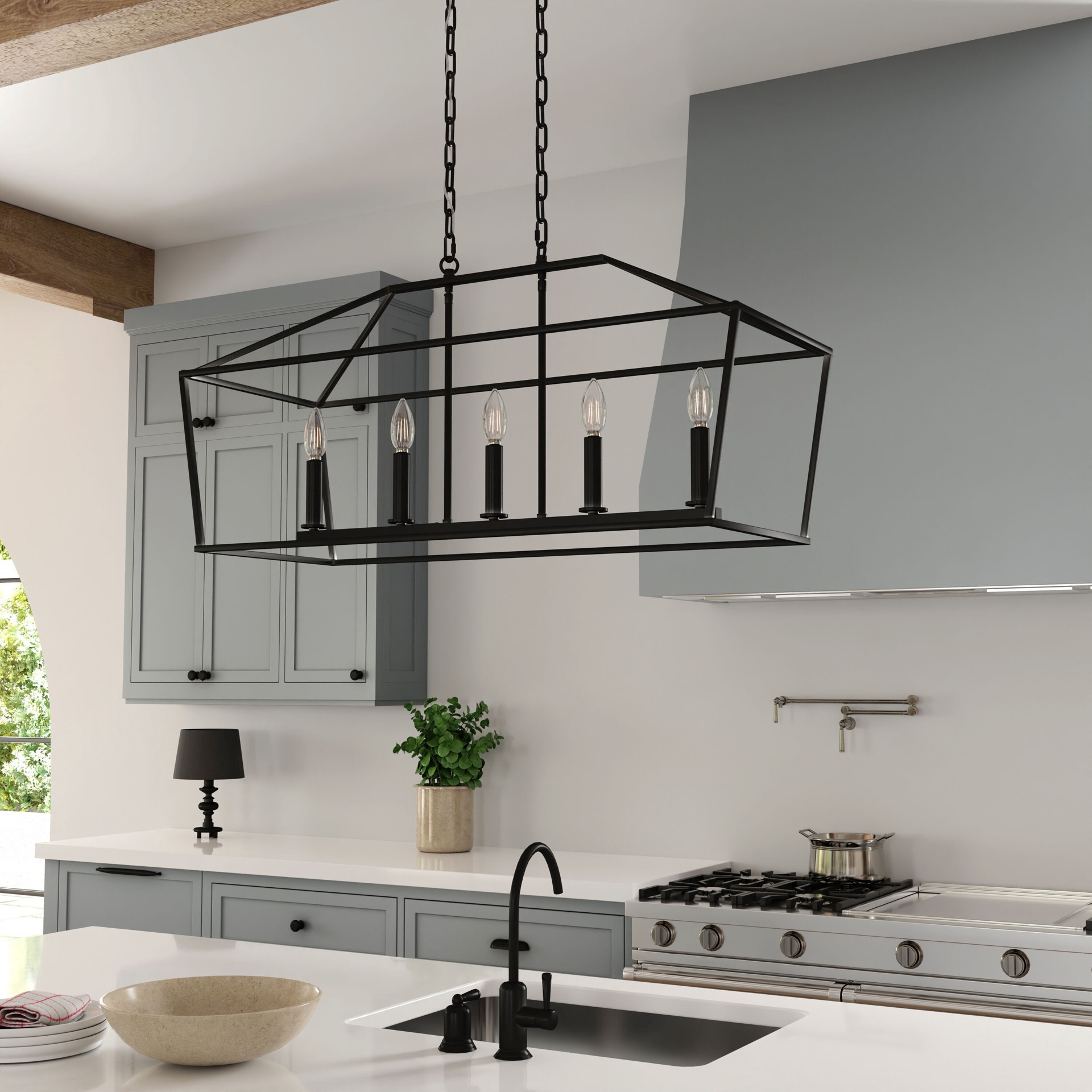 slide 5 of 6, allen + roth Lane 5 -Light Matte Black Transitional Linear Medium Indoor/Outdoor Hanging Kitchen island light, 1 ct
