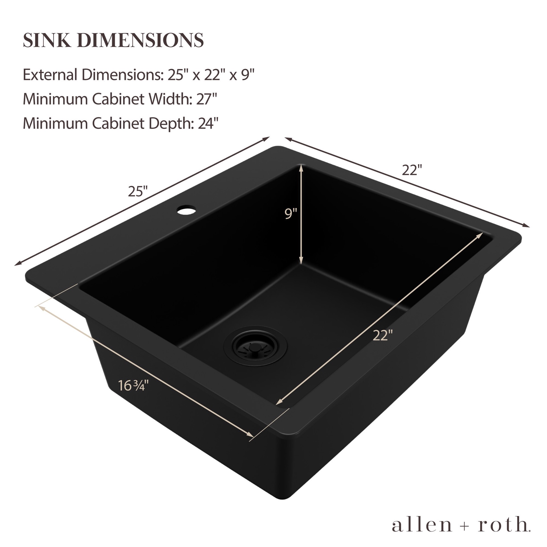 slide 4 of 6, allen + roth Kaiden Drop-in or undermount 25-in x 22-in Quartz Single bowl Kitchen Sink, 1 ct