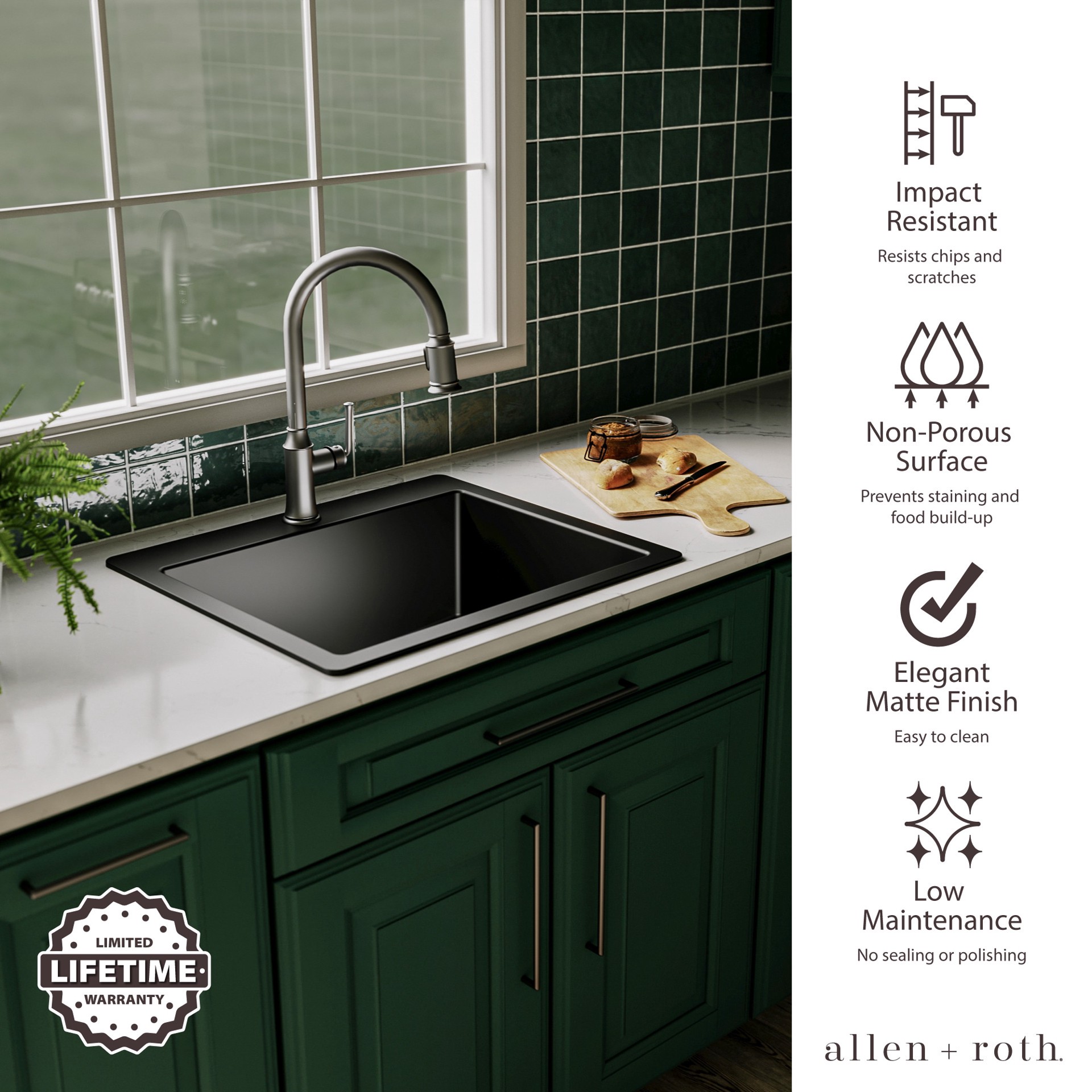 slide 5 of 6, allen + roth Kaiden Drop-in or undermount 25-in x 22-in Quartz Single bowl Kitchen Sink, 1 ct