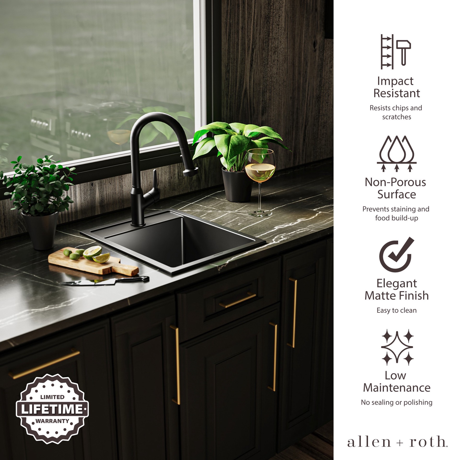 slide 5 of 6, allen + roth 15.75-in L x 19.62-in W Quartz Drop-in Commercial Bar Sink, 1 ct