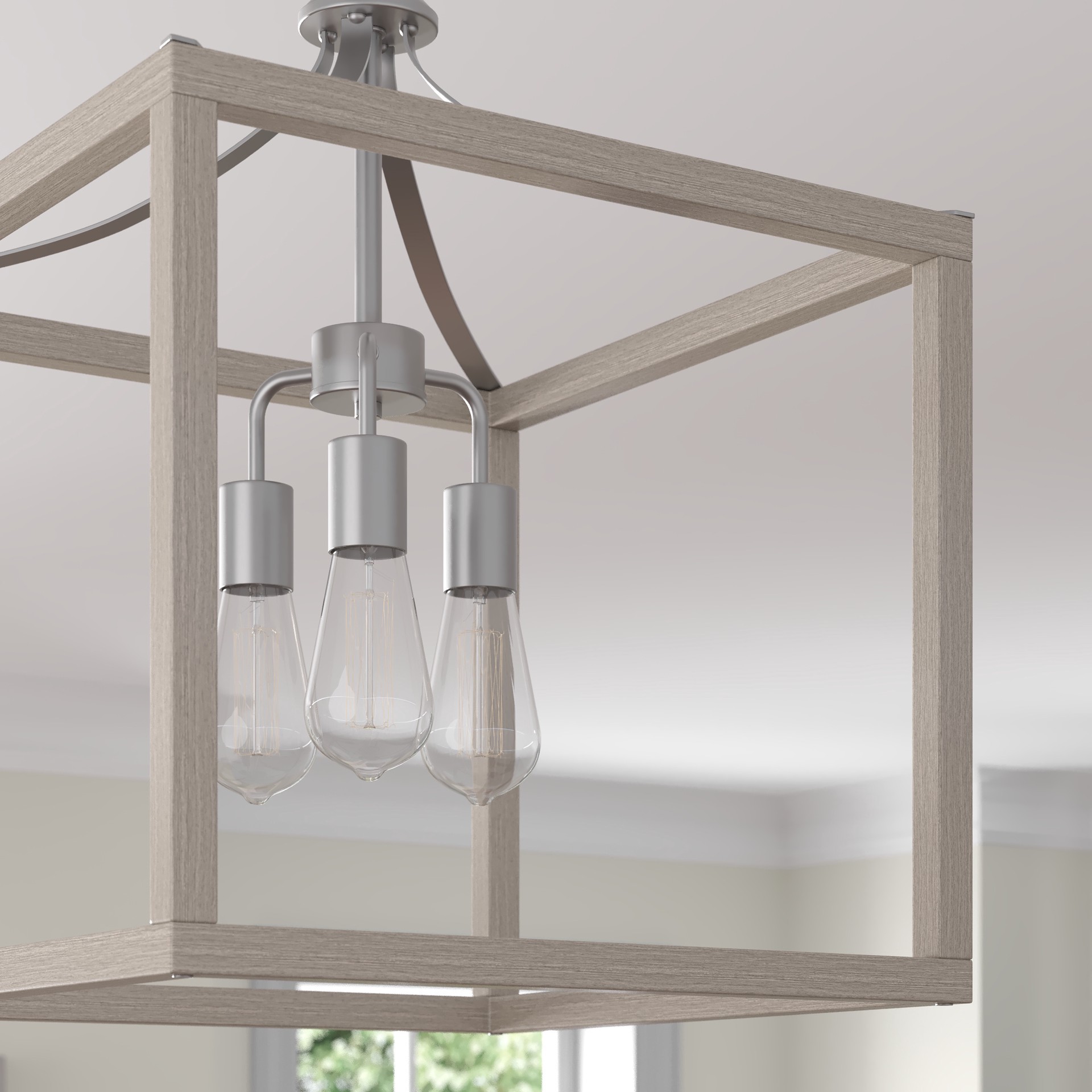 slide 2 of 6, allen + roth Holmes 3 -Light Greige wood and brushed nickel Farmhouse Cage Square Medium Hanging Pendant Light, 1 ct