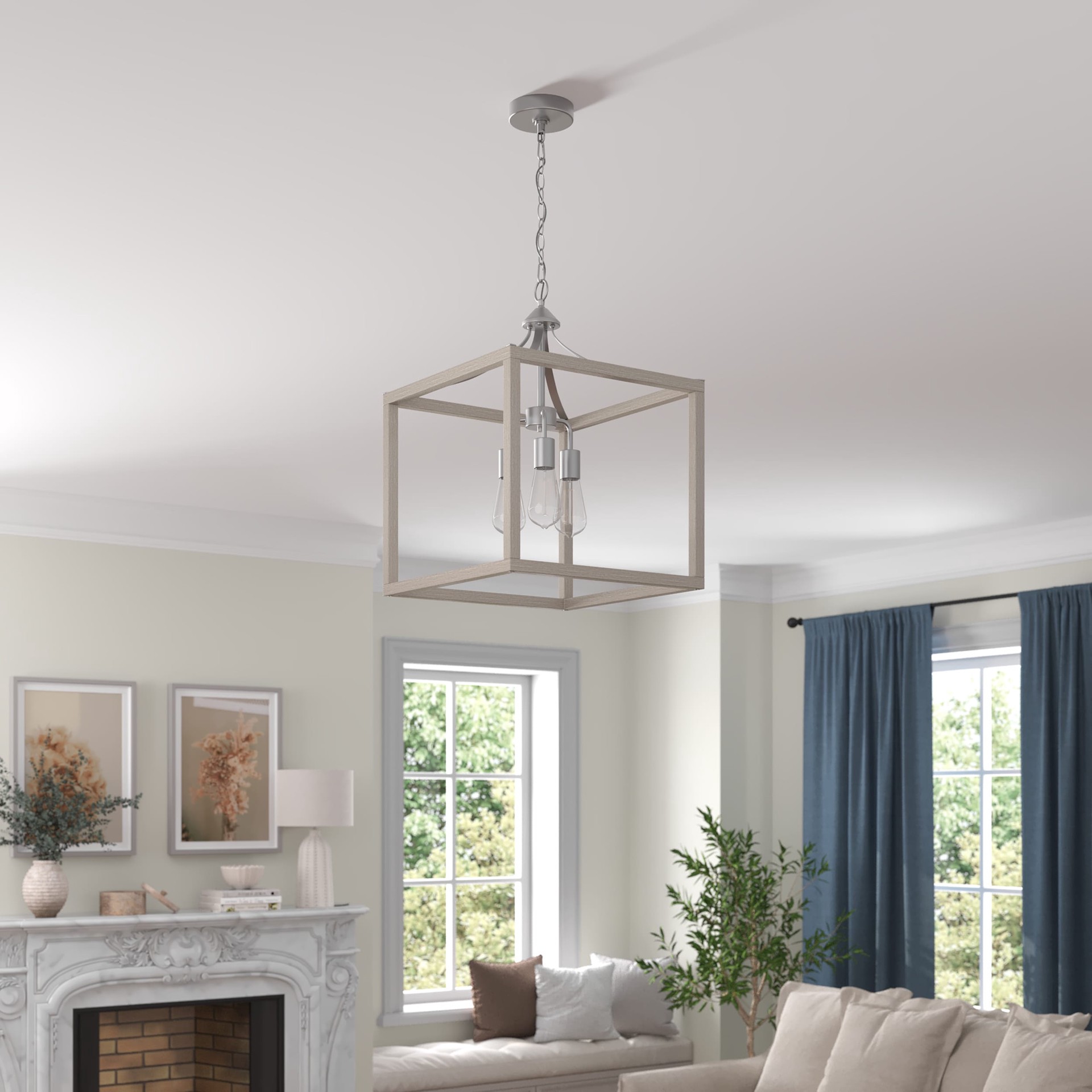 slide 4 of 6, allen + roth Holmes 3 -Light Greige wood and brushed nickel Farmhouse Cage Square Medium Hanging Pendant Light, 1 ct