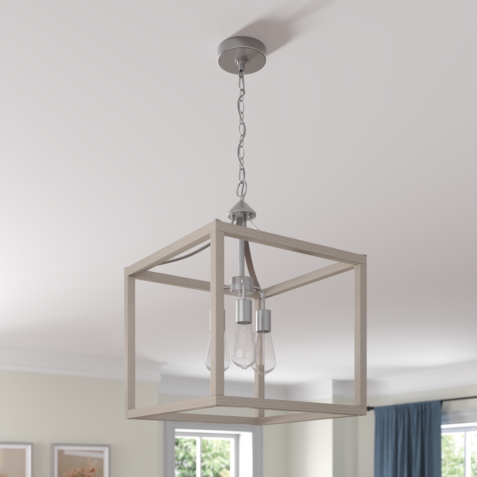 slide 5 of 6, allen + roth Holmes 3 -Light Greige wood and brushed nickel Farmhouse Cage Square Medium Hanging Pendant Light, 1 ct