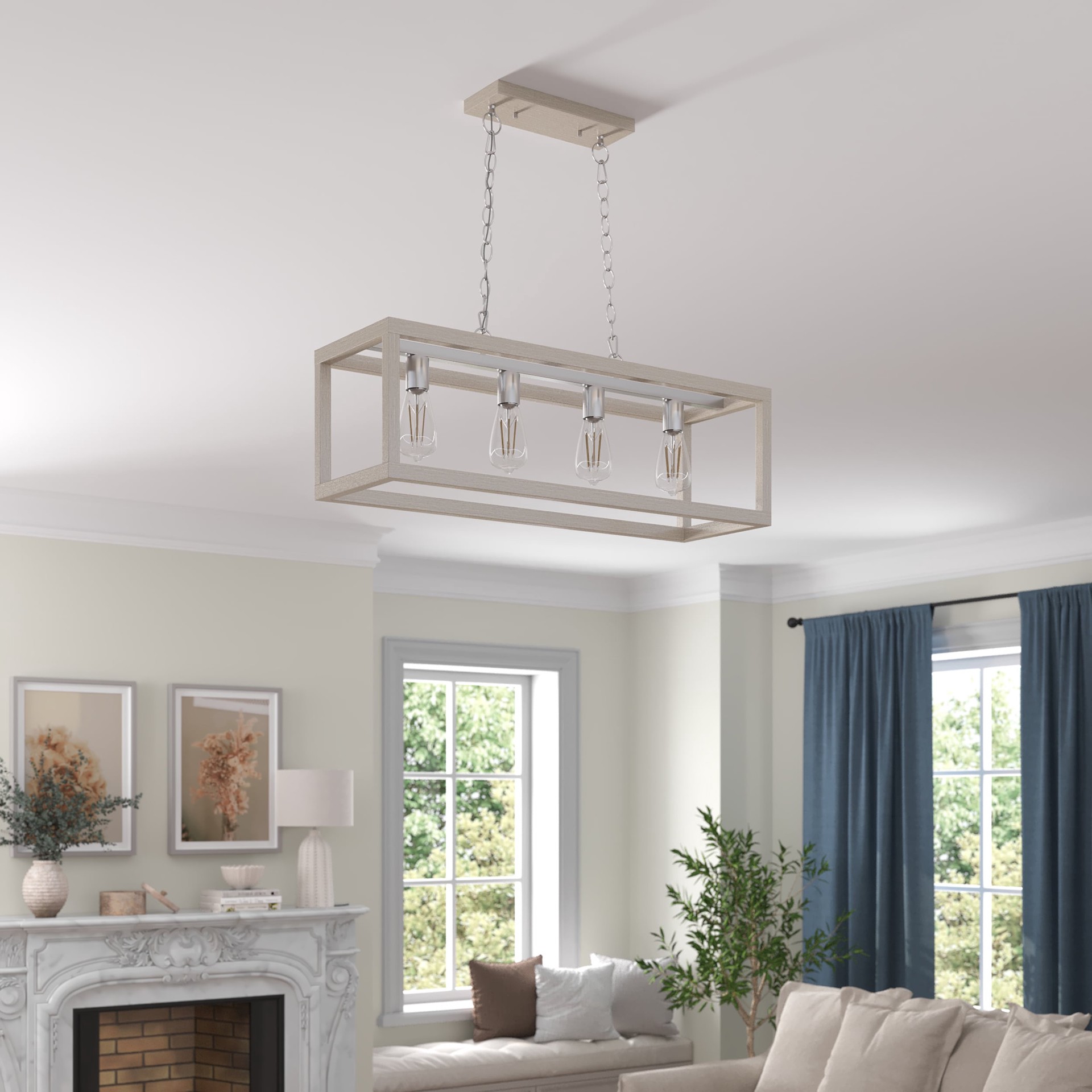 slide 4 of 6, allen + roth Holmes 4 -Light Greige wood and brushed nickel Farmhouse Cage Rectangle Large Hanging Pendant Light, 1 ct