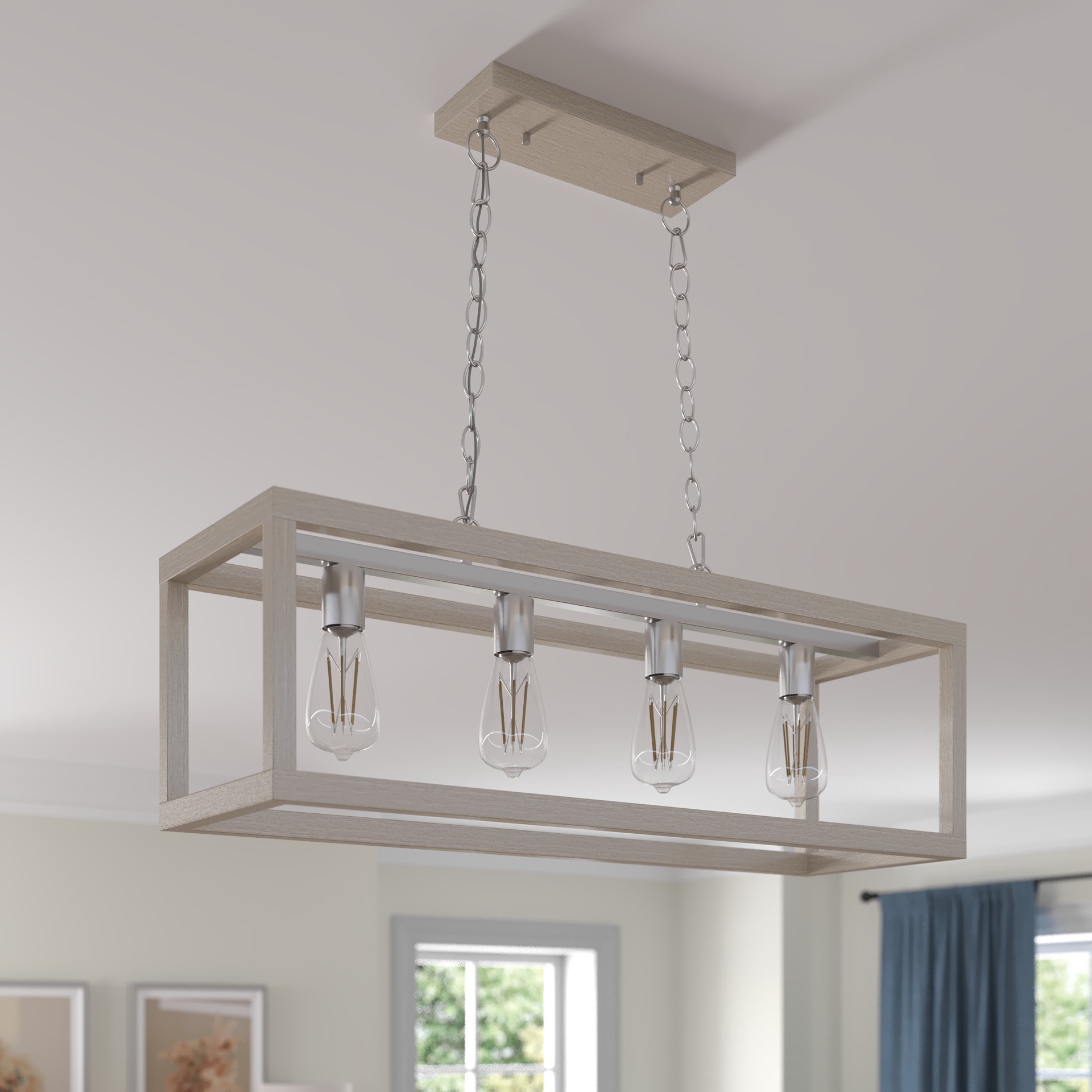 slide 5 of 6, allen + roth Holmes 4 -Light Greige wood and brushed nickel Farmhouse Cage Rectangle Large Hanging Pendant Light, 1 ct