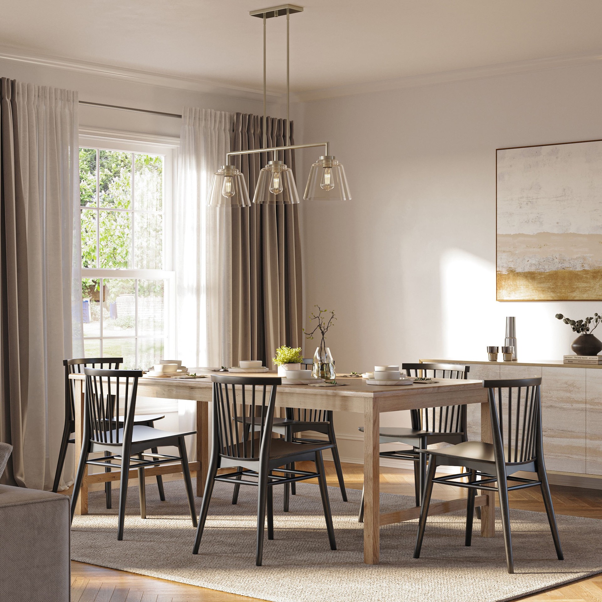 slide 2 of 6, allen + roth Bradley 3 -Light Brushed Nickel Farmhouse Clear glass Linear Large Hanging Kitchen island light, 1 ct