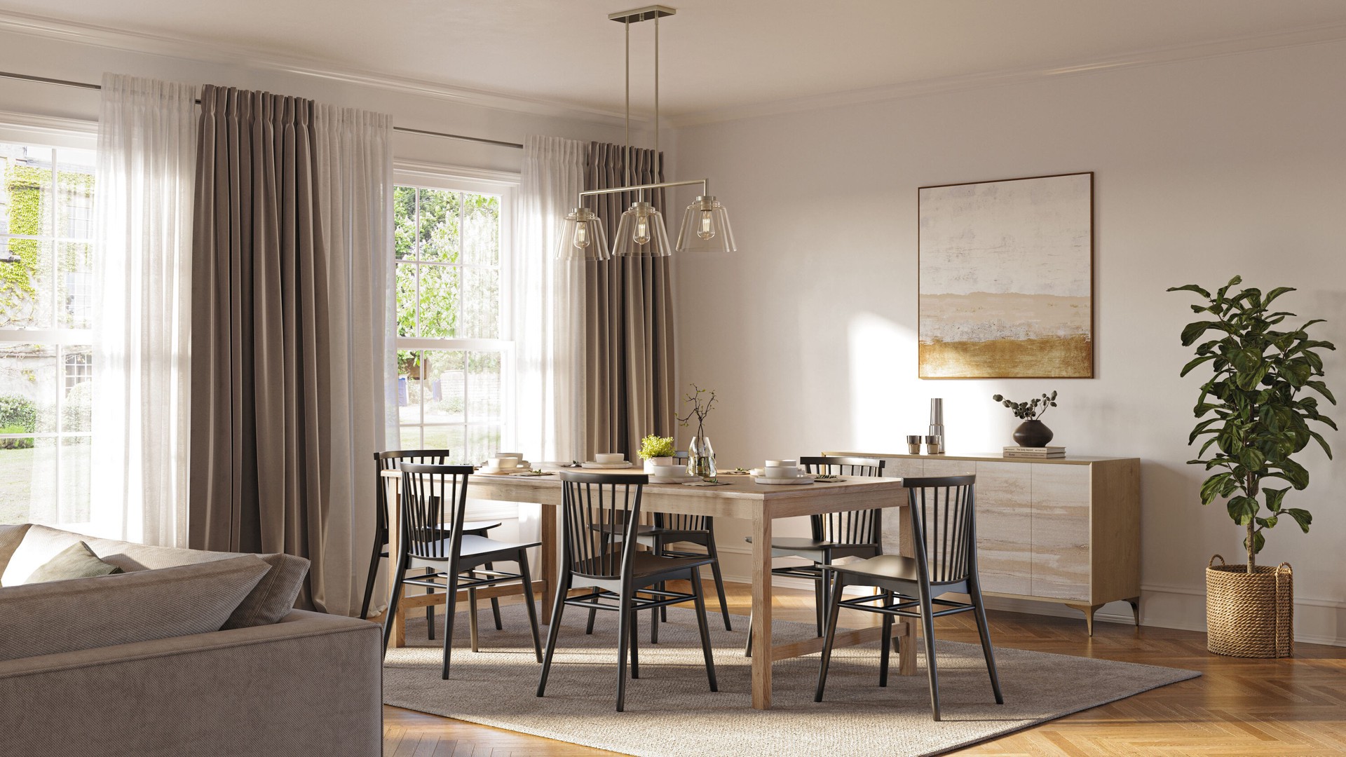 slide 3 of 6, allen + roth Bradley 3 -Light Brushed Nickel Farmhouse Clear glass Linear Large Hanging Kitchen island light, 1 ct