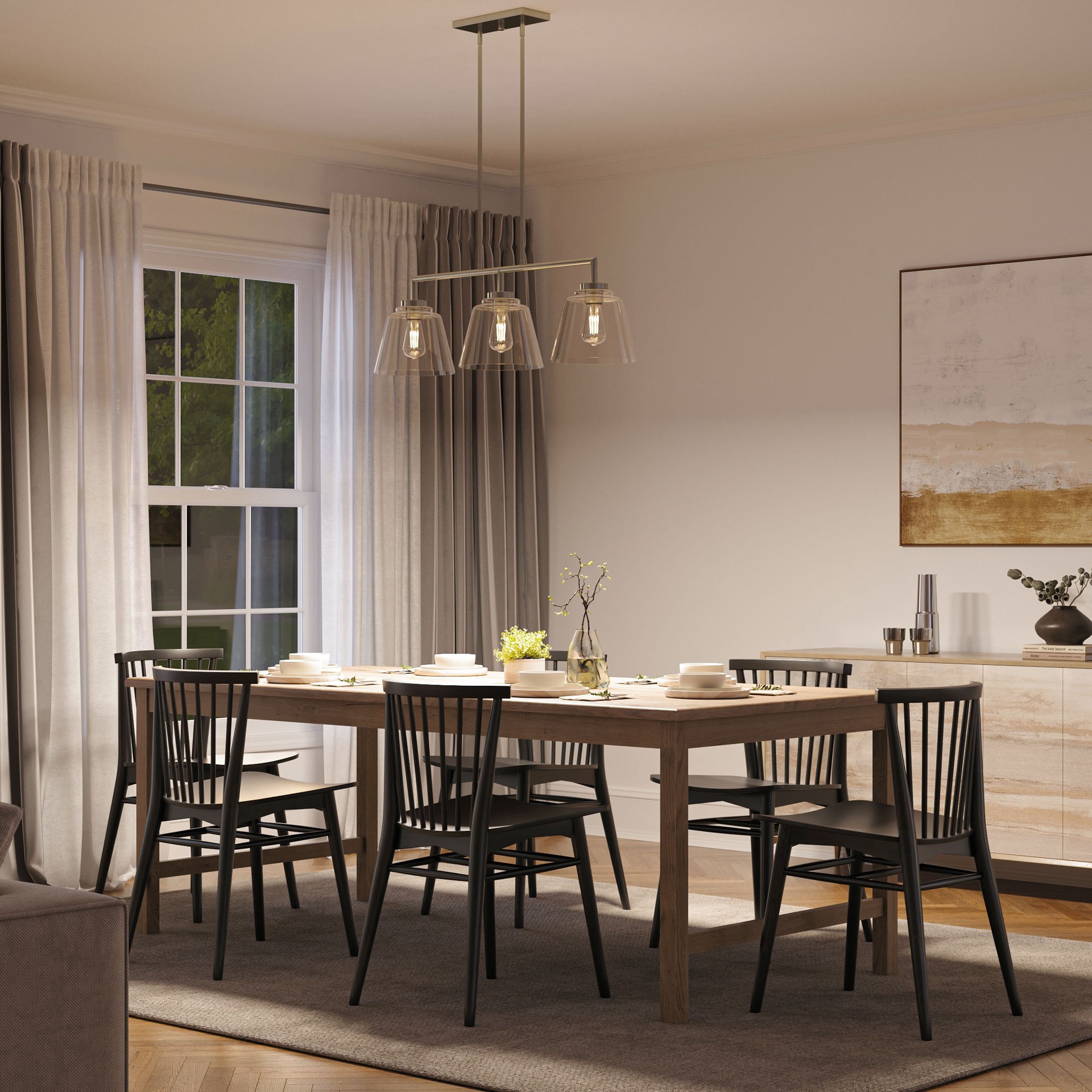 slide 4 of 6, allen + roth Bradley 3 -Light Brushed Nickel Farmhouse Clear glass Linear Large Hanging Kitchen island light, 1 ct