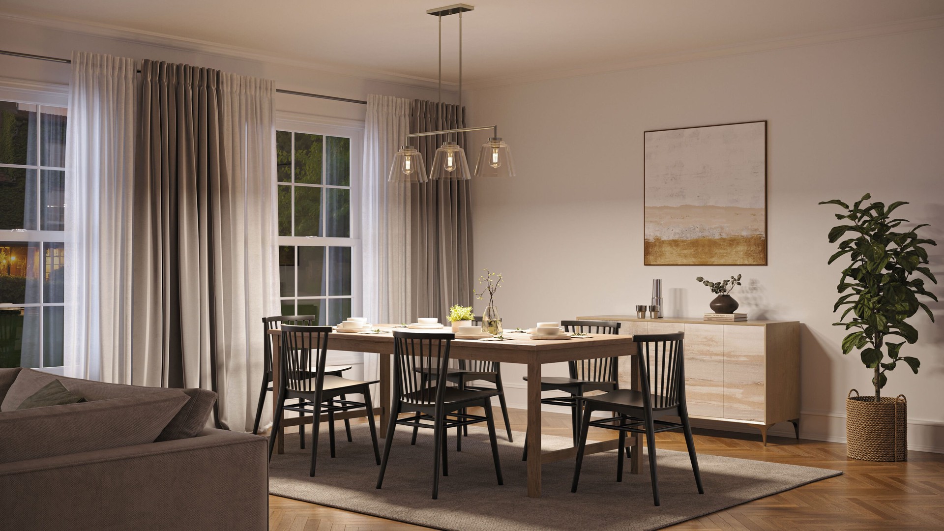 slide 5 of 6, allen + roth Bradley 3 -Light Brushed Nickel Farmhouse Clear glass Linear Large Hanging Kitchen island light, 1 ct