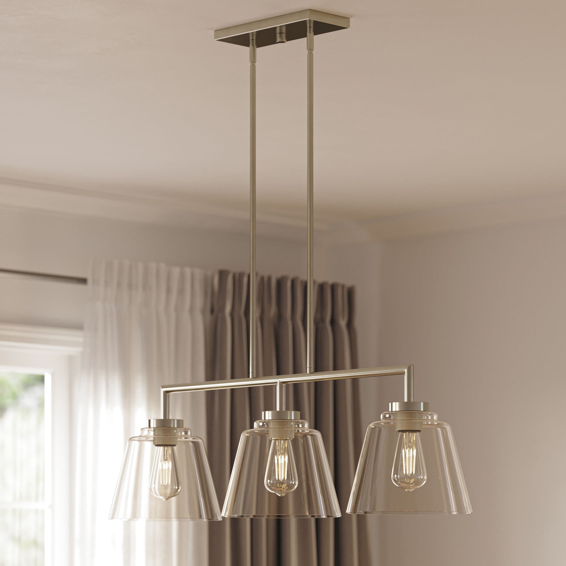 slide 1 of 6, allen + roth Bradley 3 -Light Brushed Nickel Farmhouse Clear glass Linear Large Hanging Kitchen island light, 1 ct