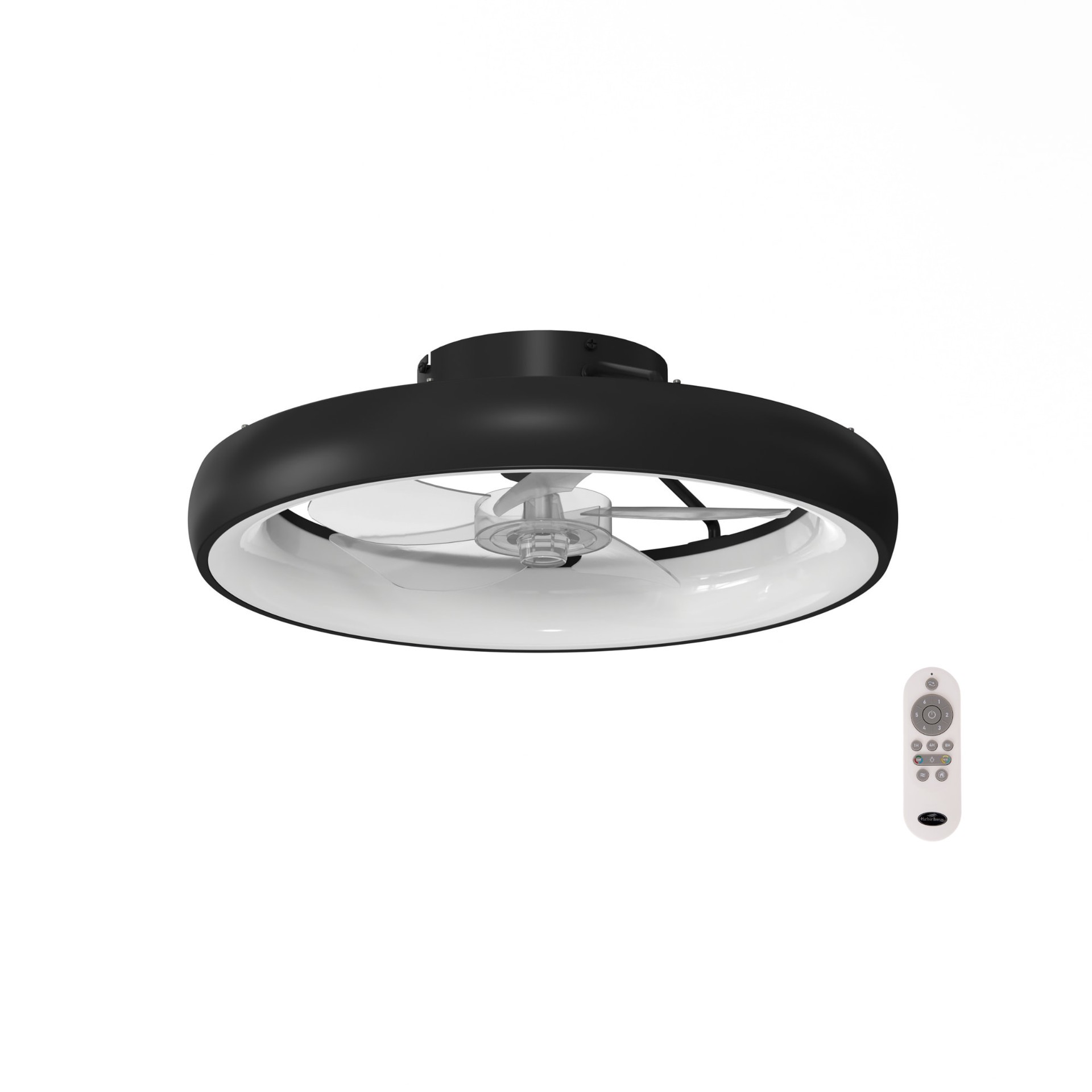 slide 3 of 6, Harbor Breeze Capeview 20-in Matte Black with Clear Acrylic Blades Color-Changing Covered Outdoor Flush Mount Fandelier Ceiling Fan With Light 5 -Blade, 1 ct