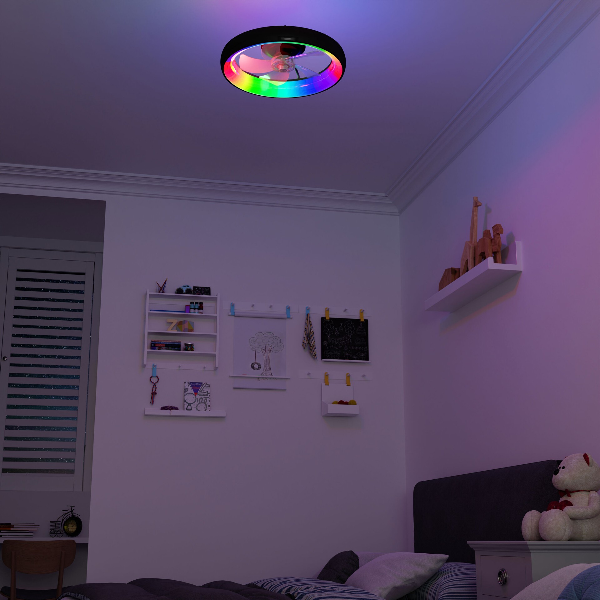 slide 6 of 6, Harbor Breeze Capeview 20-in Matte Black with Clear Acrylic Blades Color-Changing Covered Outdoor Flush Mount Fandelier Ceiling Fan With Light 5 -Blade, 1 ct