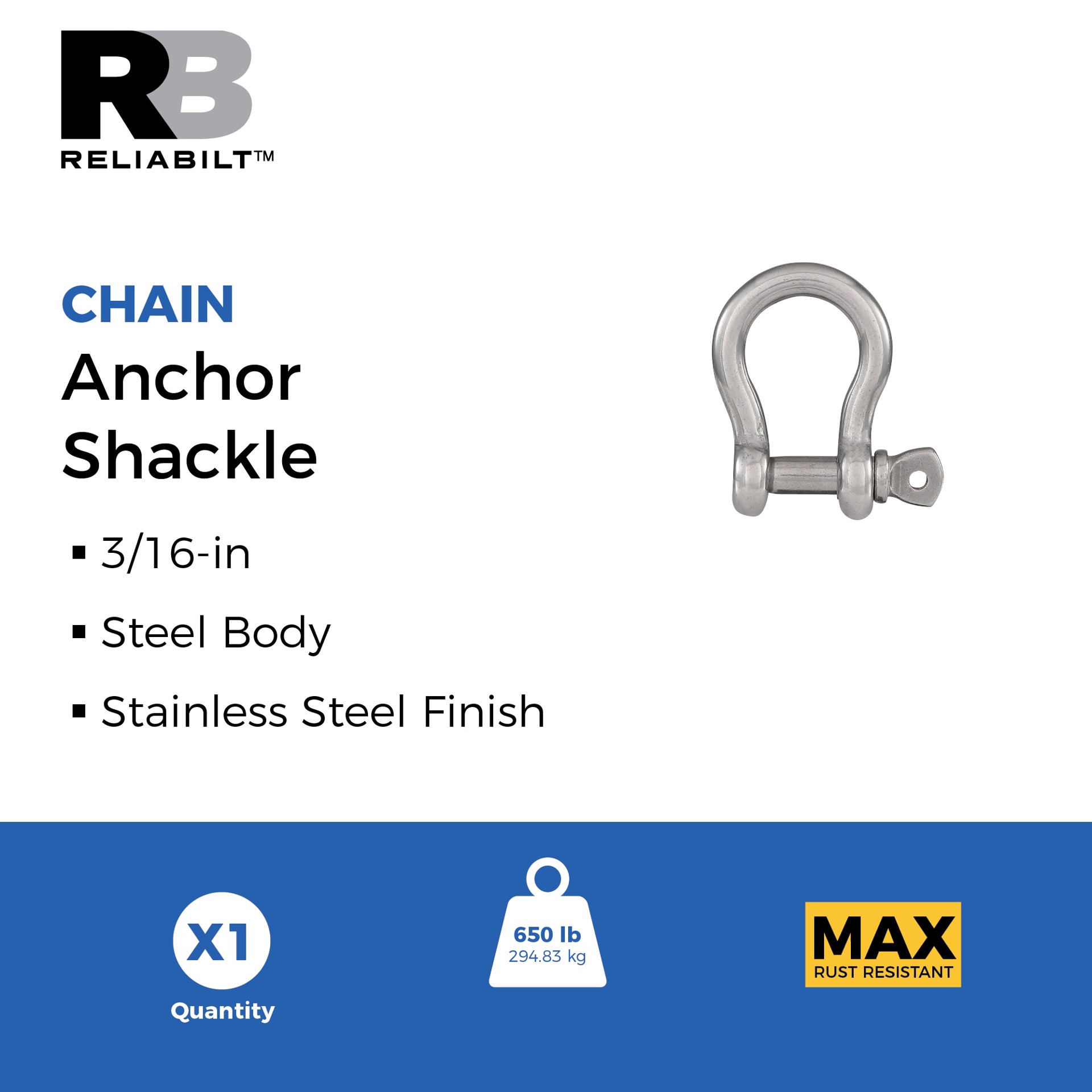 slide 2 of 4, RELIABILT N100-347 (V3251) 3/16-in Anchor Shackles in Stainless Steel, 1 ct
