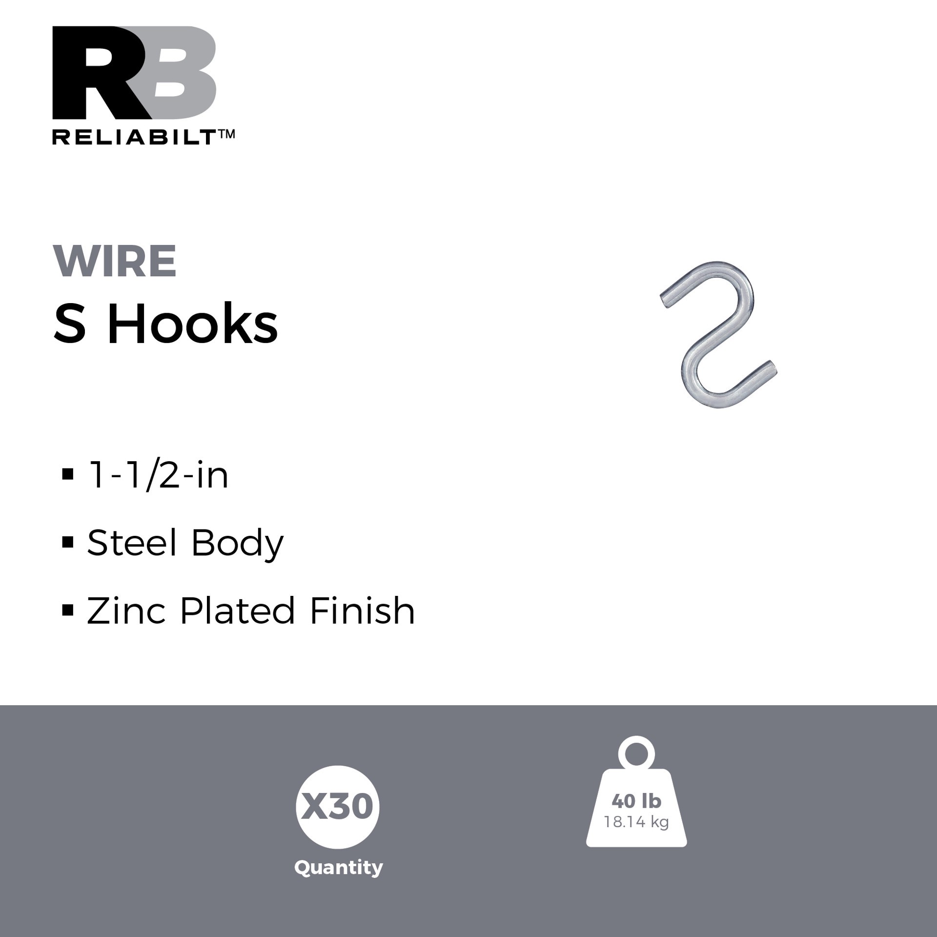 slide 2 of 6, RELIABILT 1.5-in Zinc Plated Zinc S-hook 30 -Pack, 1 ct