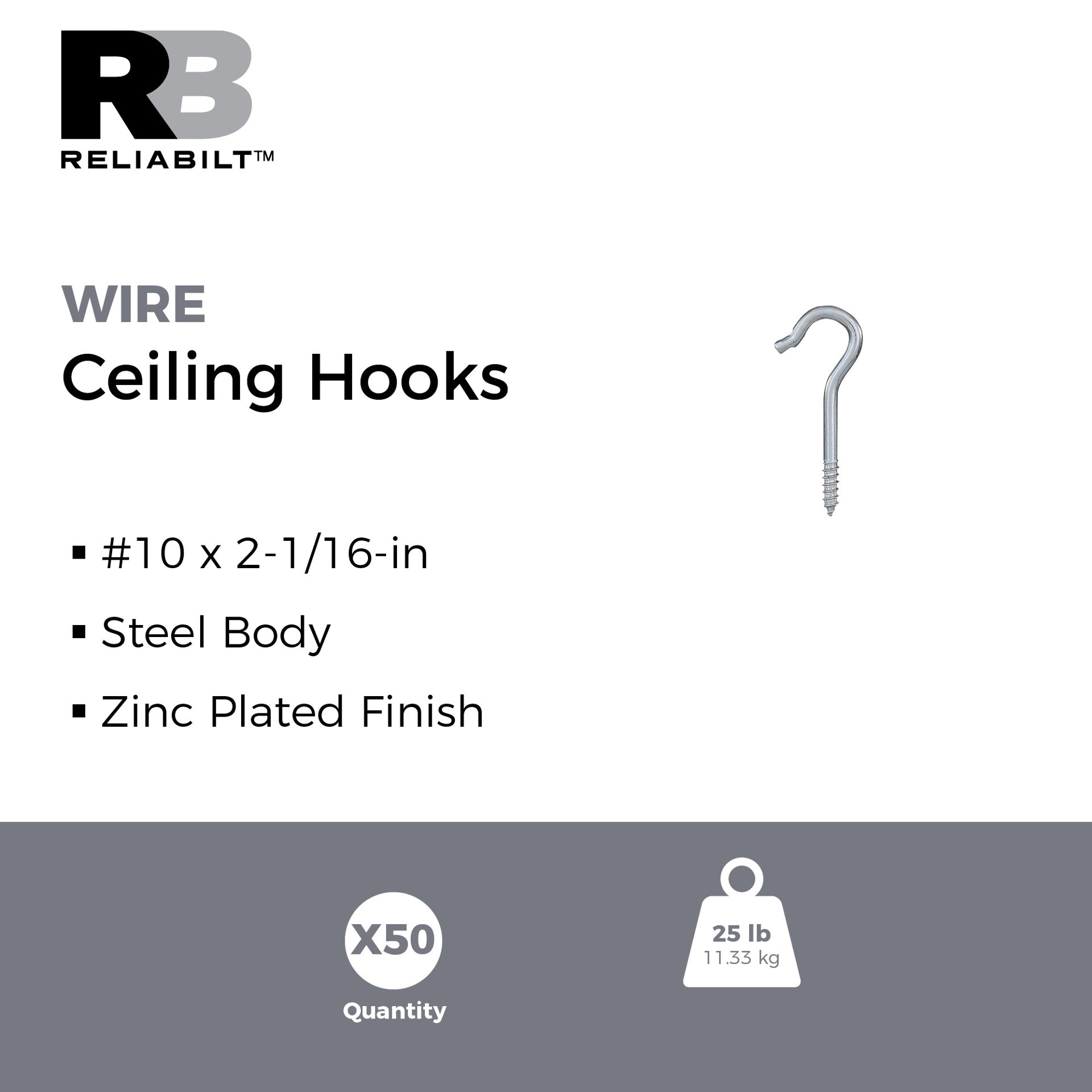 slide 2 of 6, RELIABILT #10, 2-1/16-in Ceiling Hook 25 -Pack Zinc plated Screw Ceiling hook ( 25-lb Capacity), 1 ct
