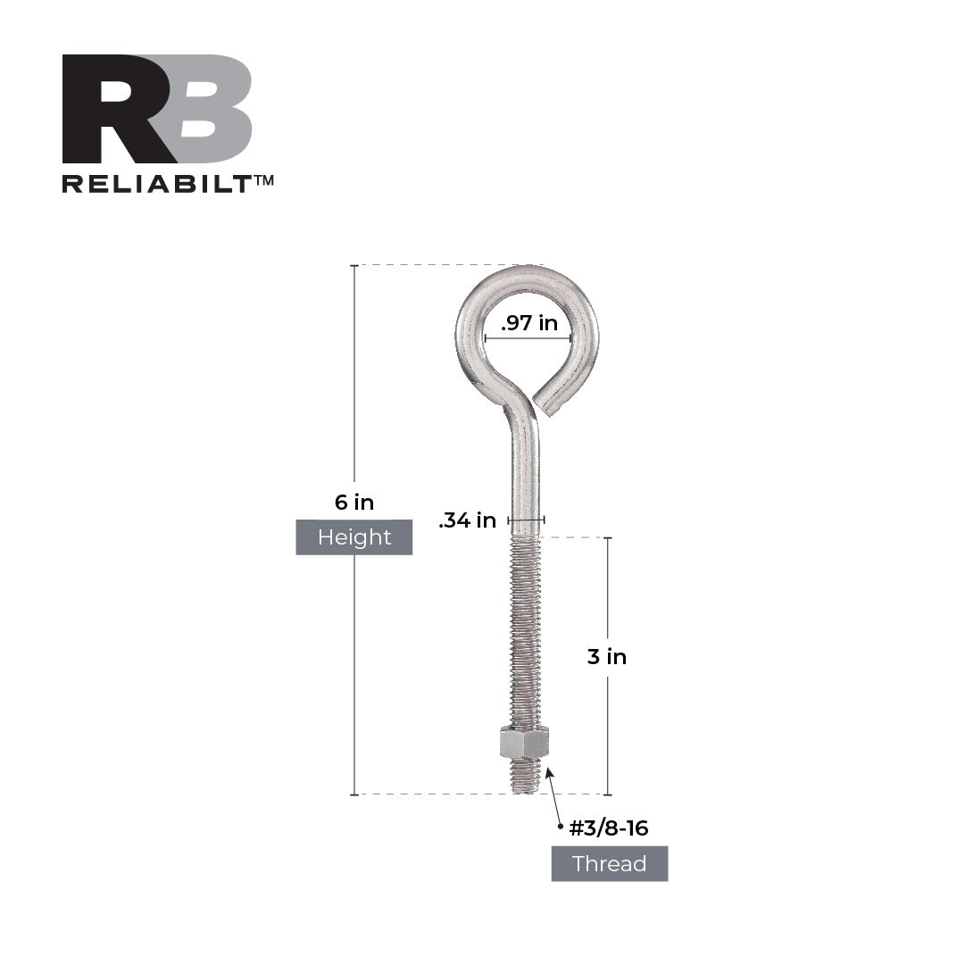 slide 3 of 6, RELIABILT 3/8-in 3/8-in x 6-in Stainless Interior/Exterior Coarse Thread Eye Bolt, 1 ct