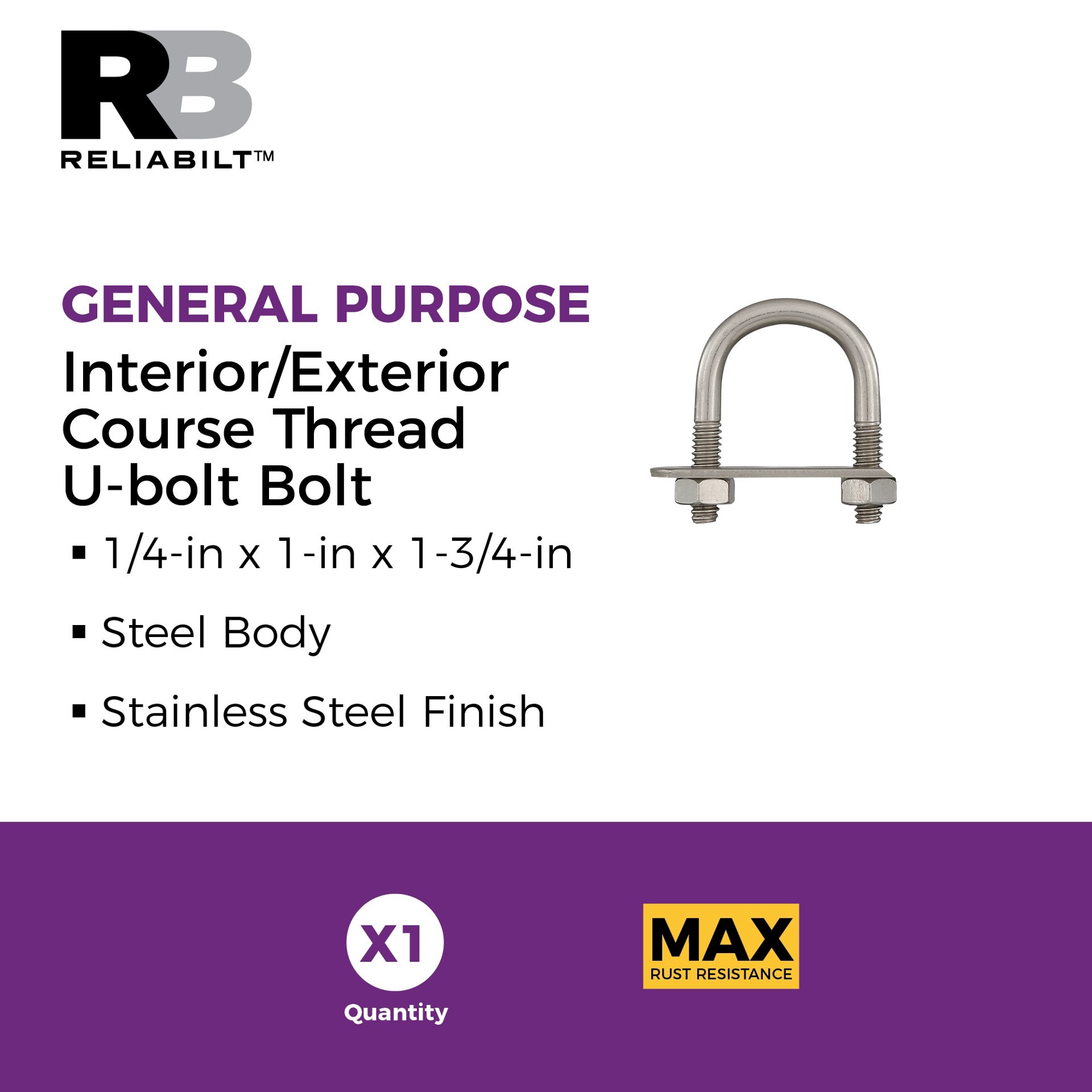 slide 2 of 6, RELIABILT 1/4-in 1/4-in x 1-3/4-in Stainless Interior/Exterior Coarse Thread U-bolt Bolt, 1 ct