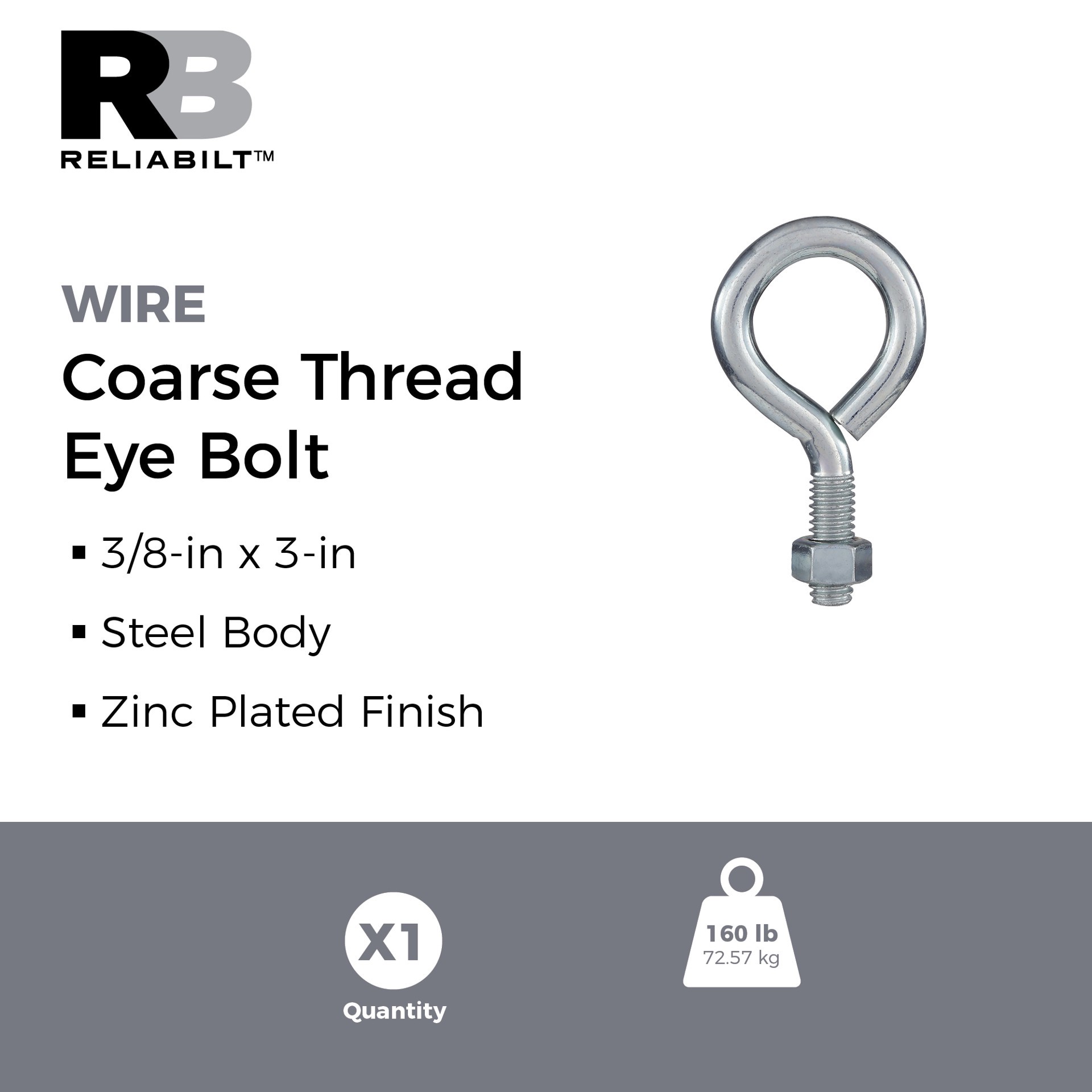 slide 2 of 6, RELIABILT 3/8-in 3/8-in x 3-in Zinc-plated Interior/Exterior Coarse Thread Eye Bolt, 1 ct