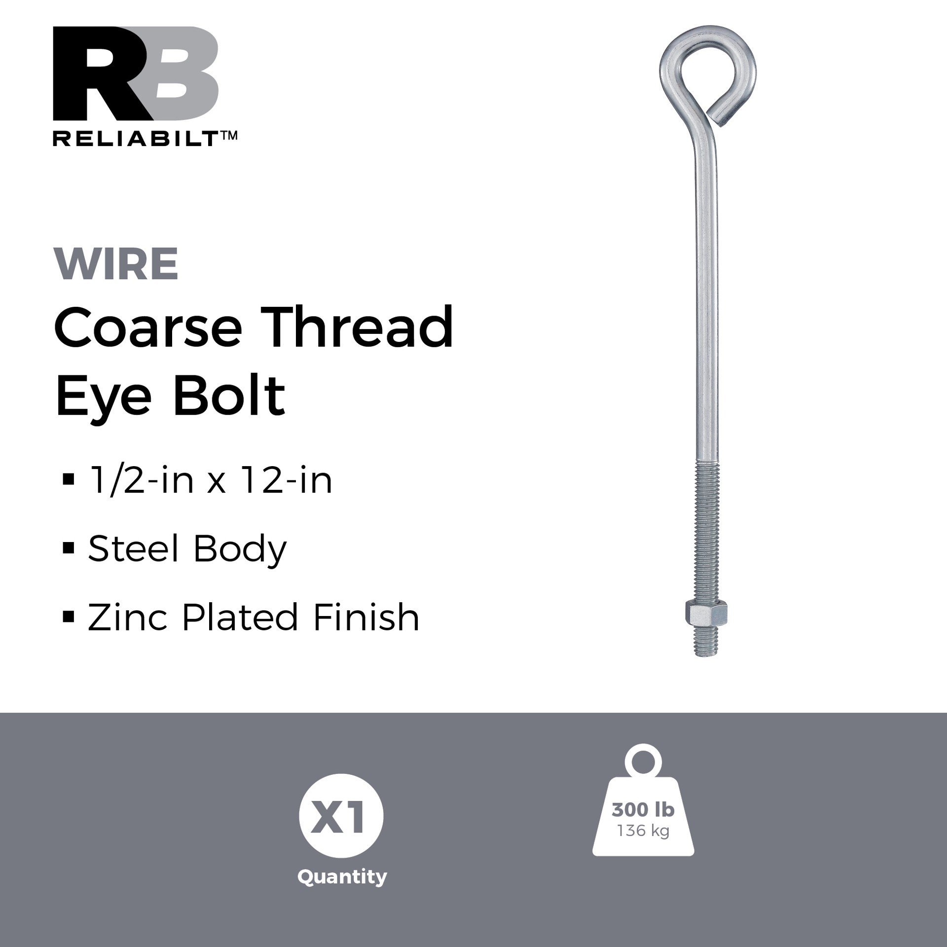 slide 2 of 6, RELIABILT 1/2-in 1/2-in x 12-in Zinc-plated Interior/Exterior Coarse Thread Eye Bolt, 1 ct