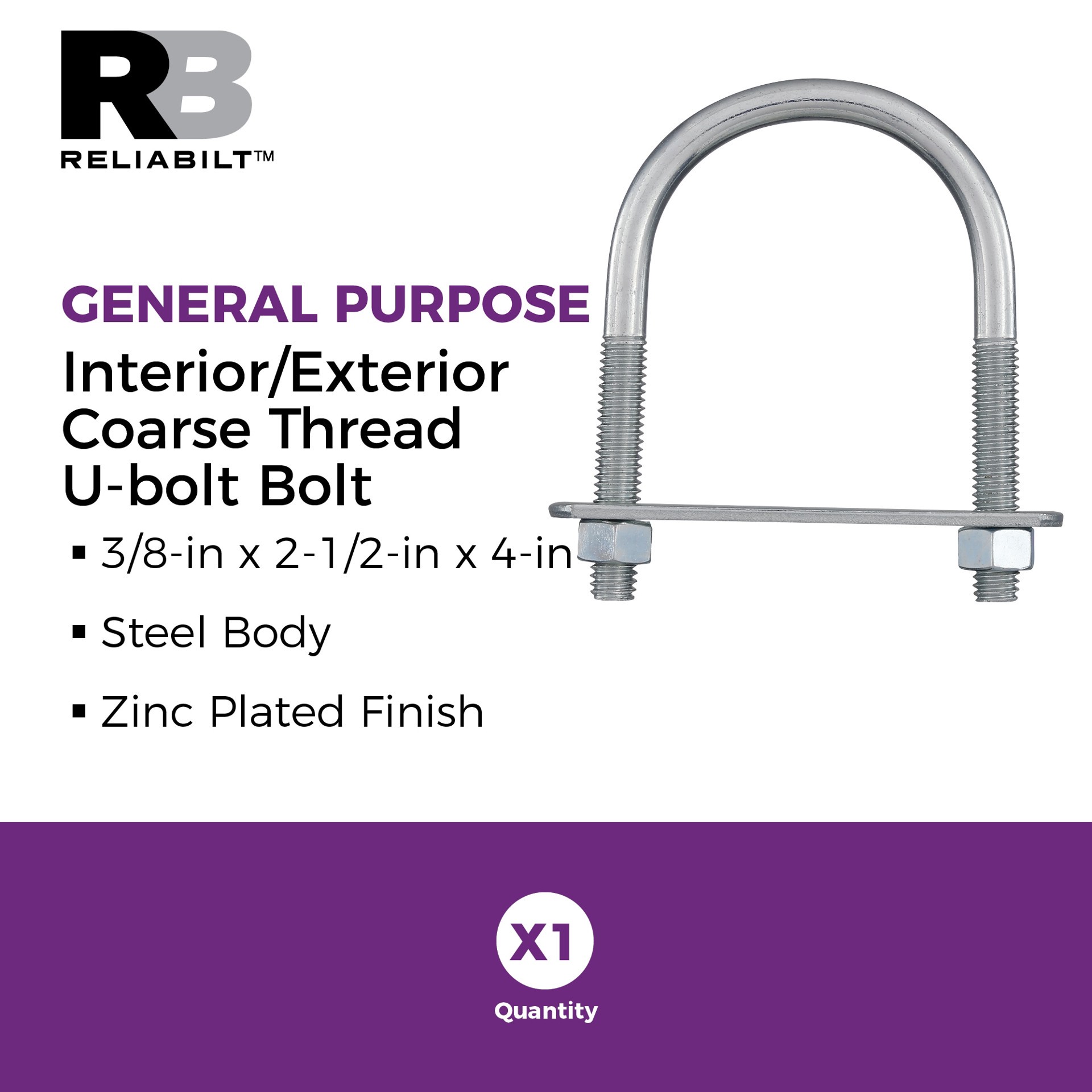 slide 2 of 6, RELIABILT 3/8-in 3/8-in x 4-in Zinc-plated Interior/Exterior Coarse Thread U-bolt Bolt, 1 ct