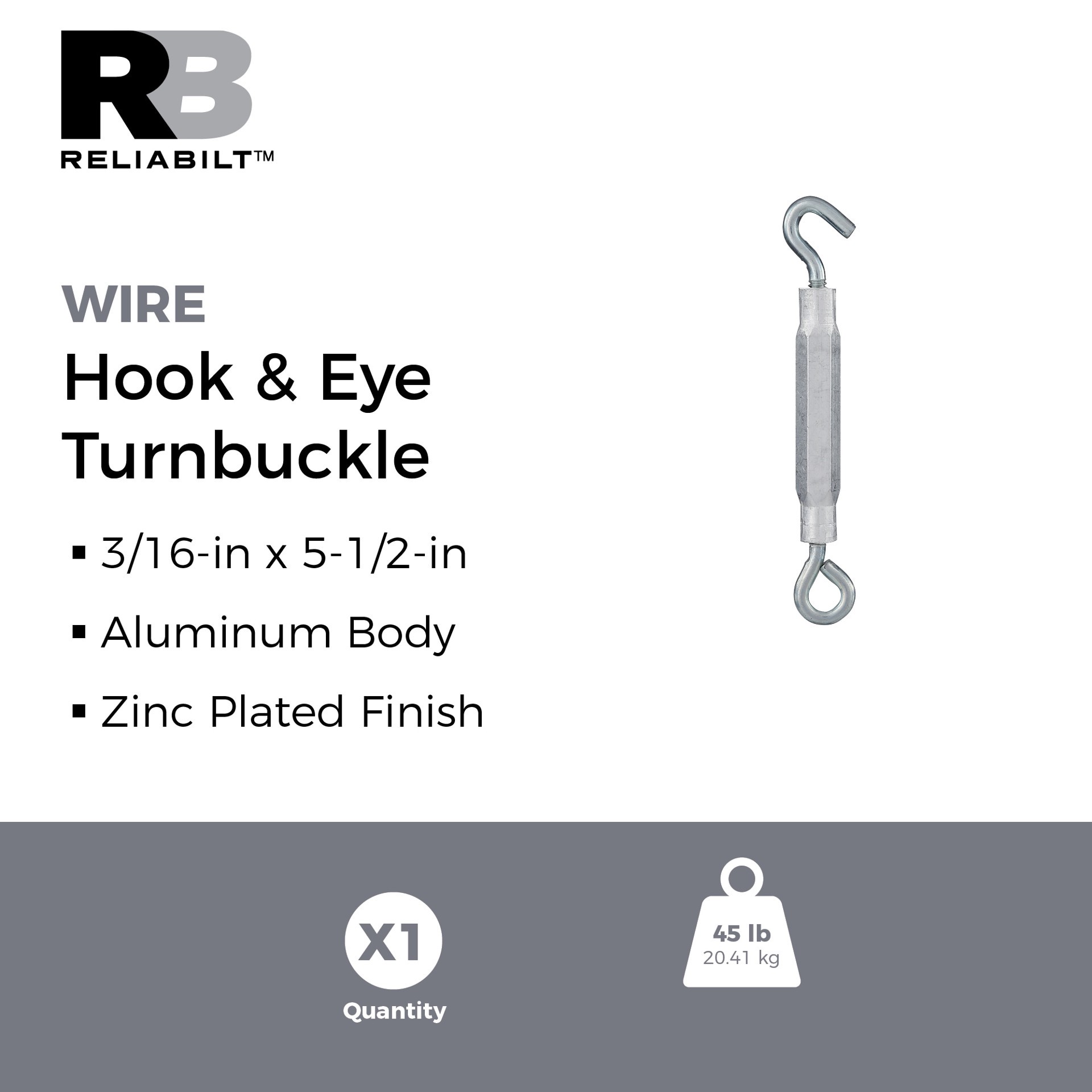 slide 2 of 6, RELIABILT 3/16-in x 5-1/2-in Aluminum/Steel Hook and eye Turnbuckle, 1 ct