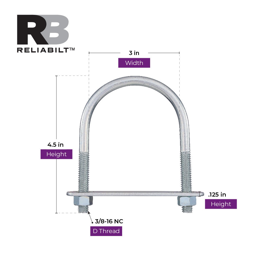 slide 3 of 6, RELIABILT 3/8-in 3/8-in x 4-1/2-in Zinc-plated Interior/Exterior Coarse Thread U-bolt Bolt, 1 ct