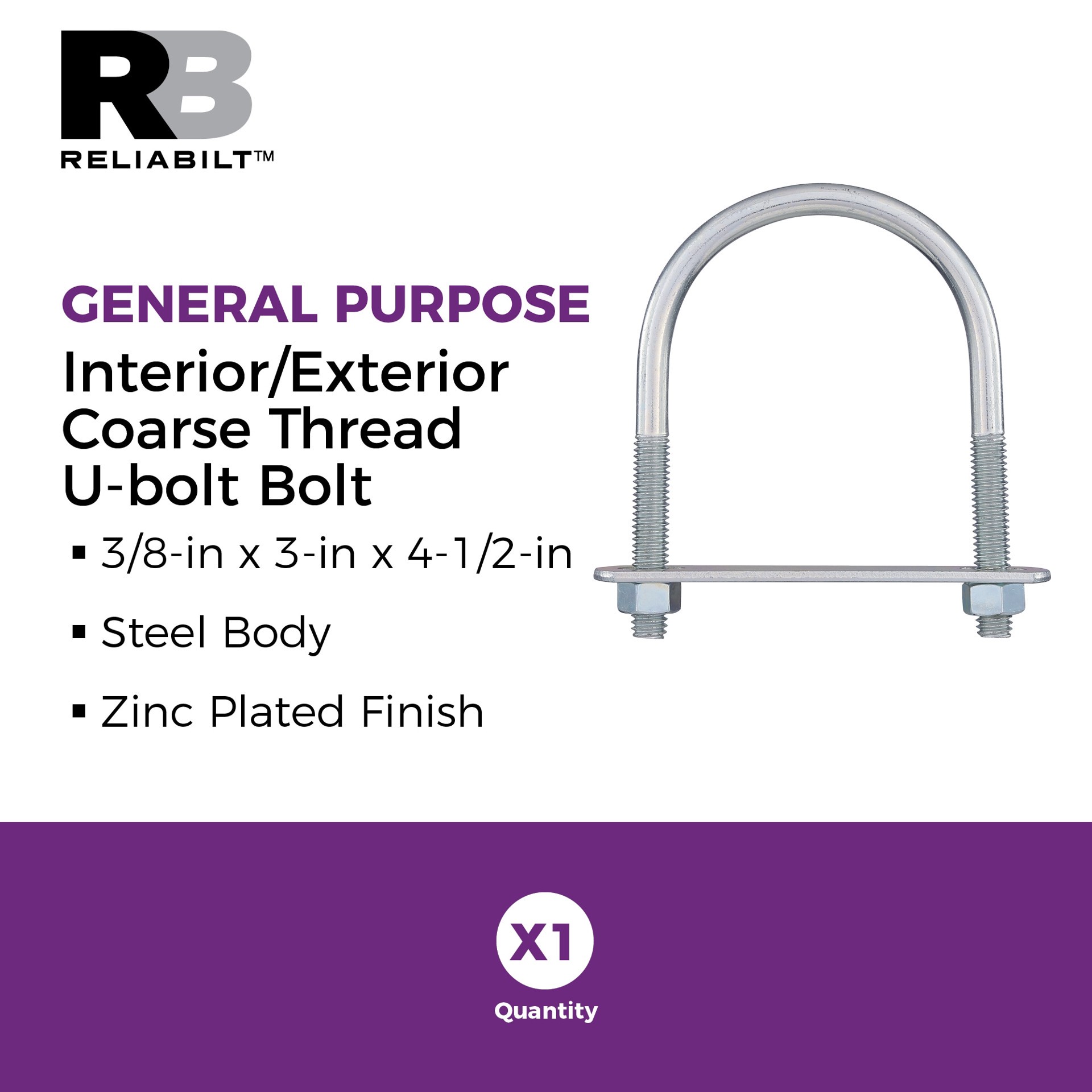 slide 2 of 6, RELIABILT 3/8-in 3/8-in x 4-1/2-in Zinc-plated Interior/Exterior Coarse Thread U-bolt Bolt, 1 ct