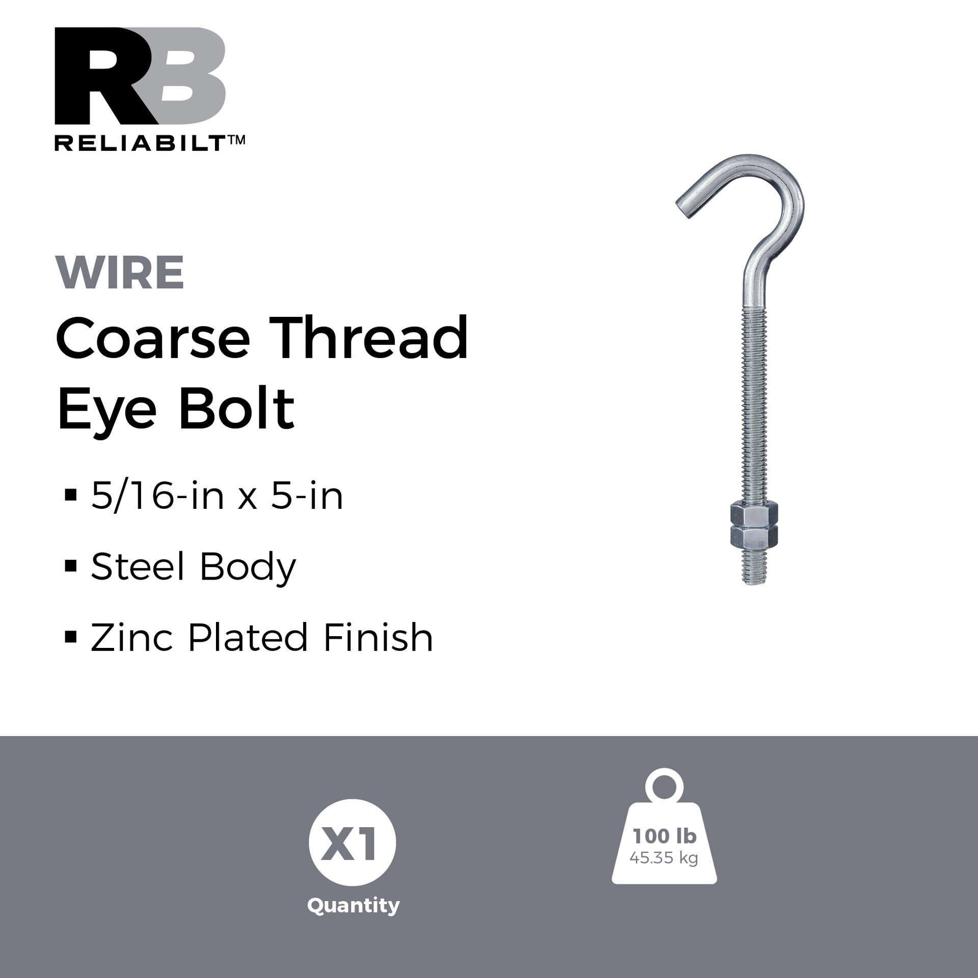 slide 2 of 6, RELIABILT 5/16-in 5/16-in x 5-in Zinc-plated Interior/Exterior Coarse Thread Eye Bolt, 1 ct