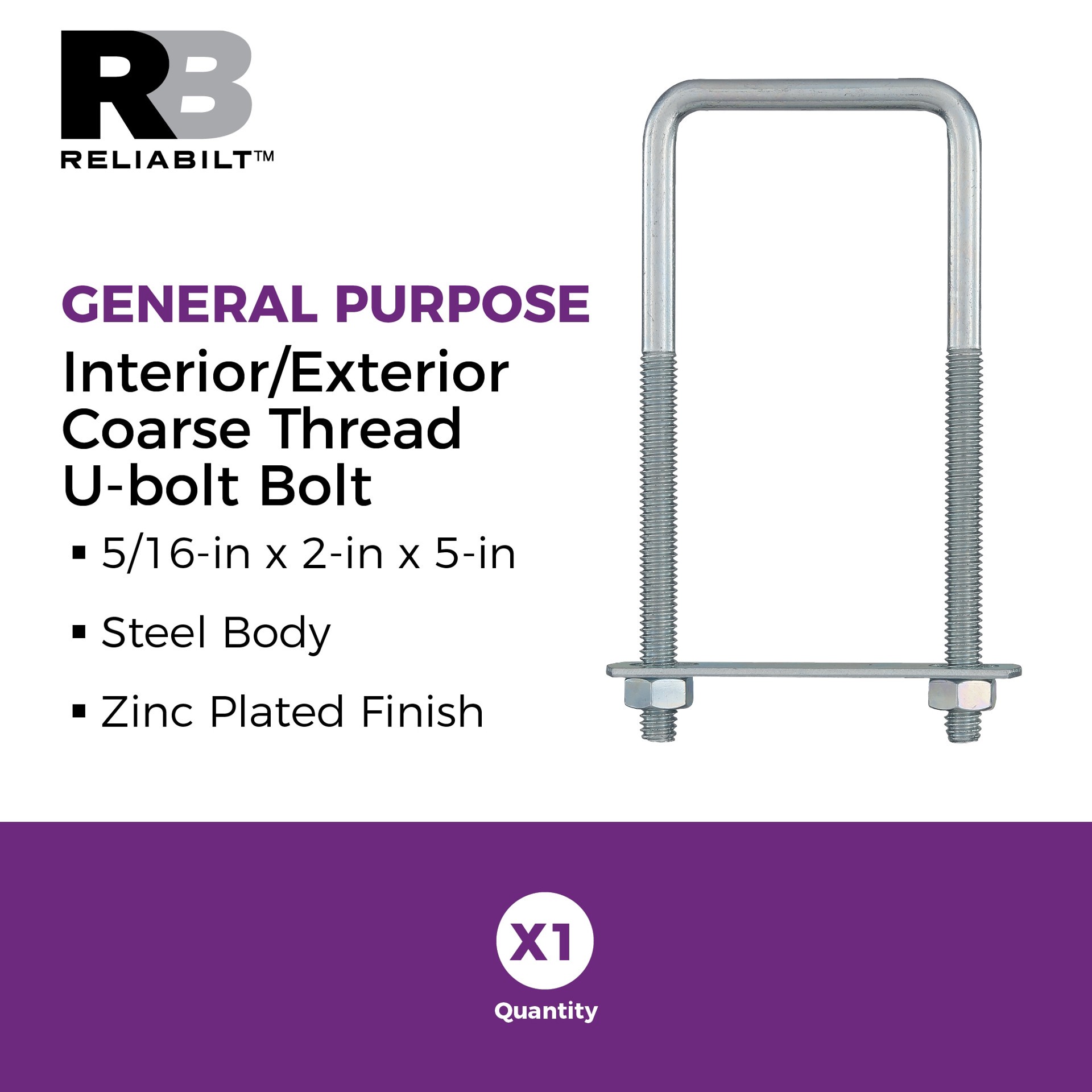 slide 2 of 5, RELIABILT 5/16-in 5/16-in x 5-in Zinc-plated Interior/Exterior Coarse Thread U-bolt Bolt, 1 ct