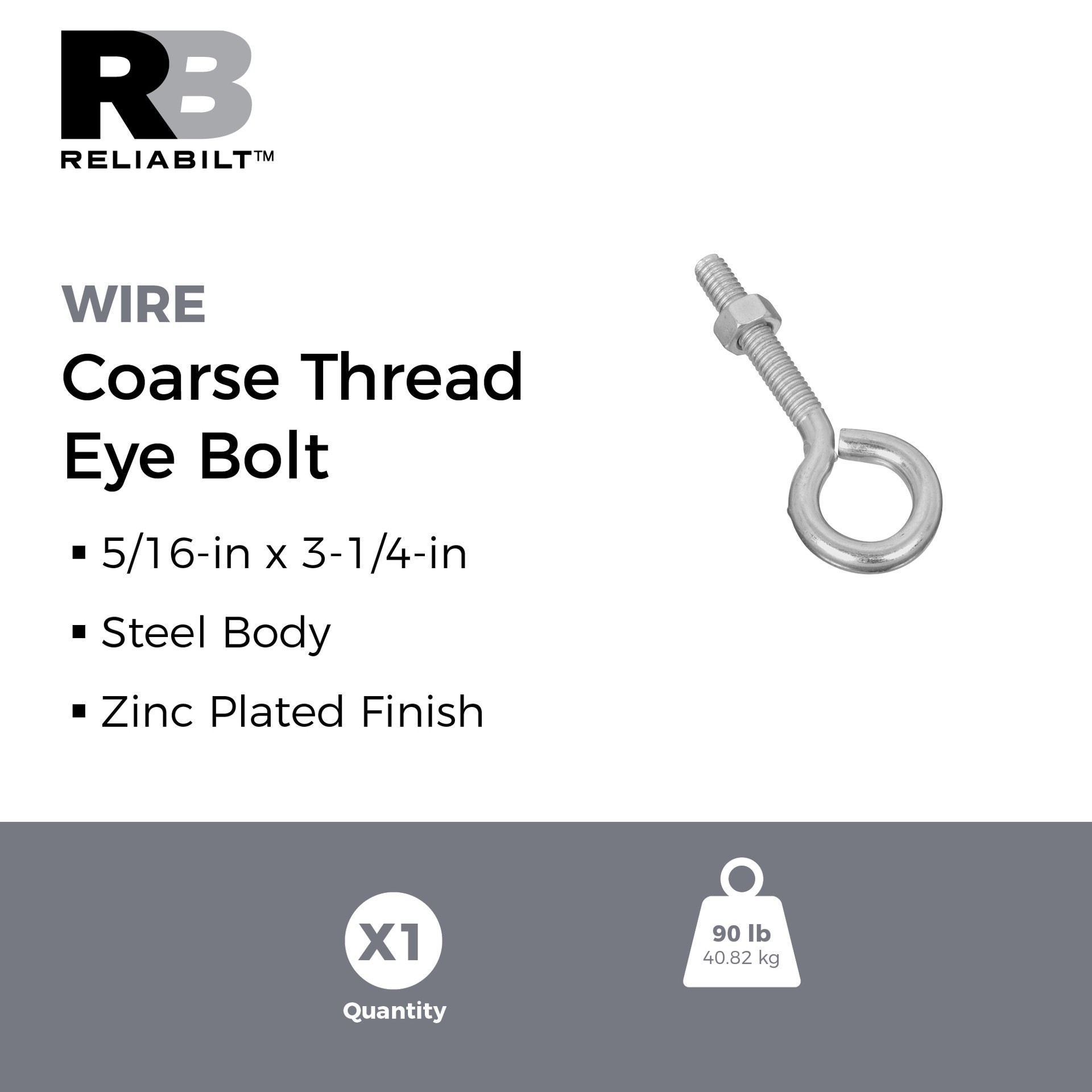 slide 2 of 6, RELIABILT 5/16-in 3-1/4-in Zinc-plated Interior/Exterior Coarse Thread Eye Bolt, 1 ct