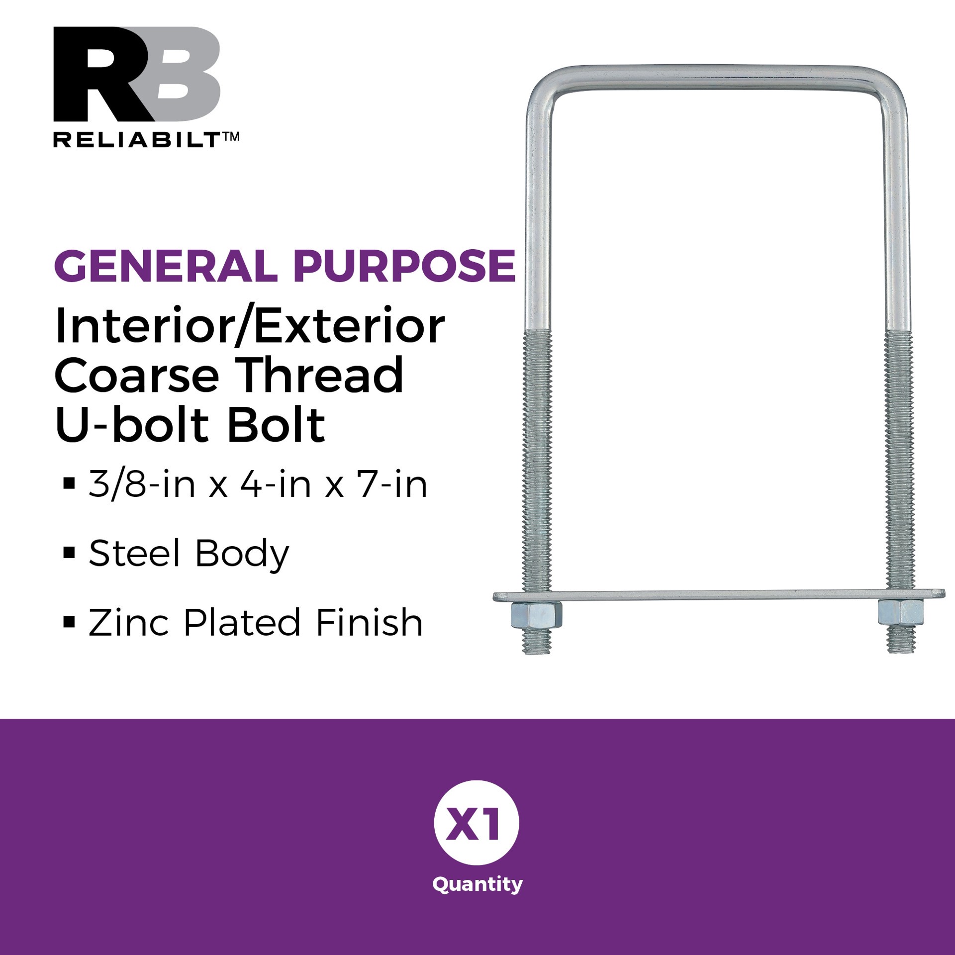 slide 2 of 6, RELIABILT 3/8-in 3/8-in x 7-in Zinc-plated Interior/Exterior Coarse Thread U-bolt Bolt, 1 ct