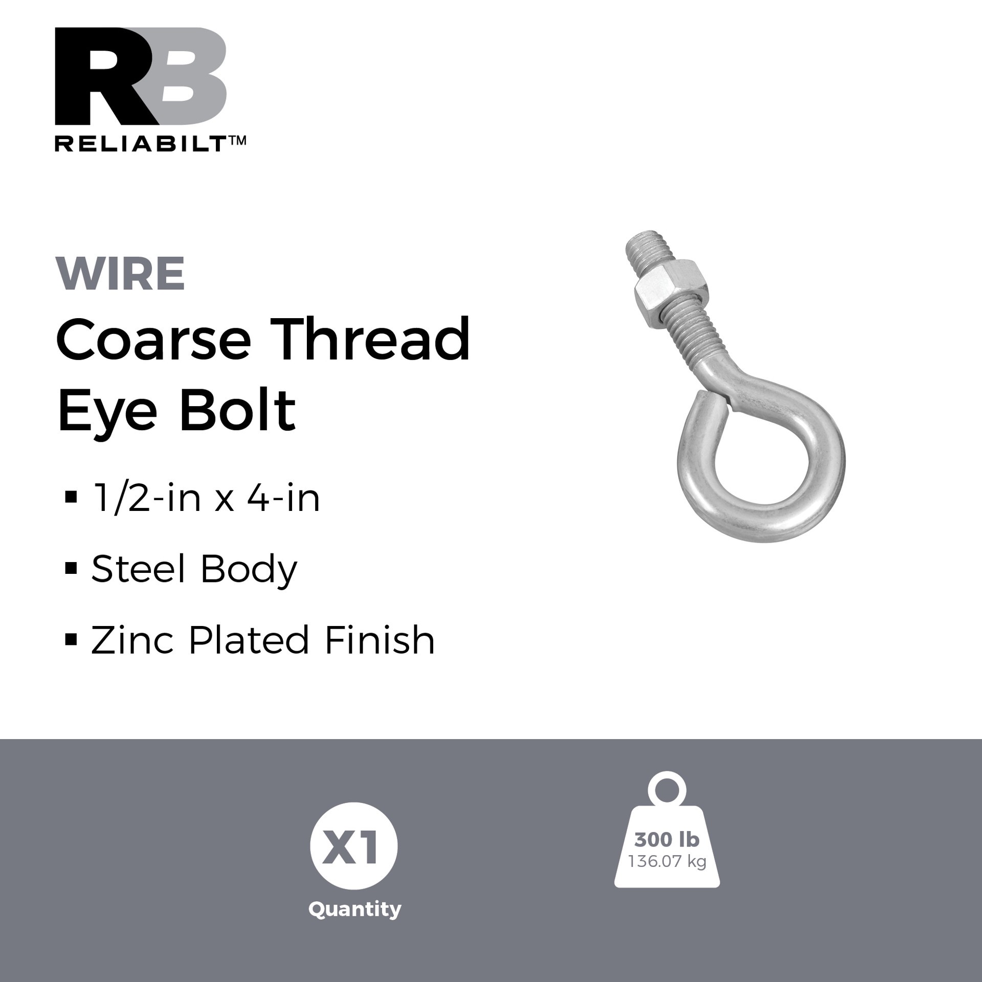 slide 2 of 6, RELIABILT 1/2-in 1/2-in x 1-3/4-in Zinc-plated Interior/Exterior Coarse Thread Eye Bolt, 1 ct