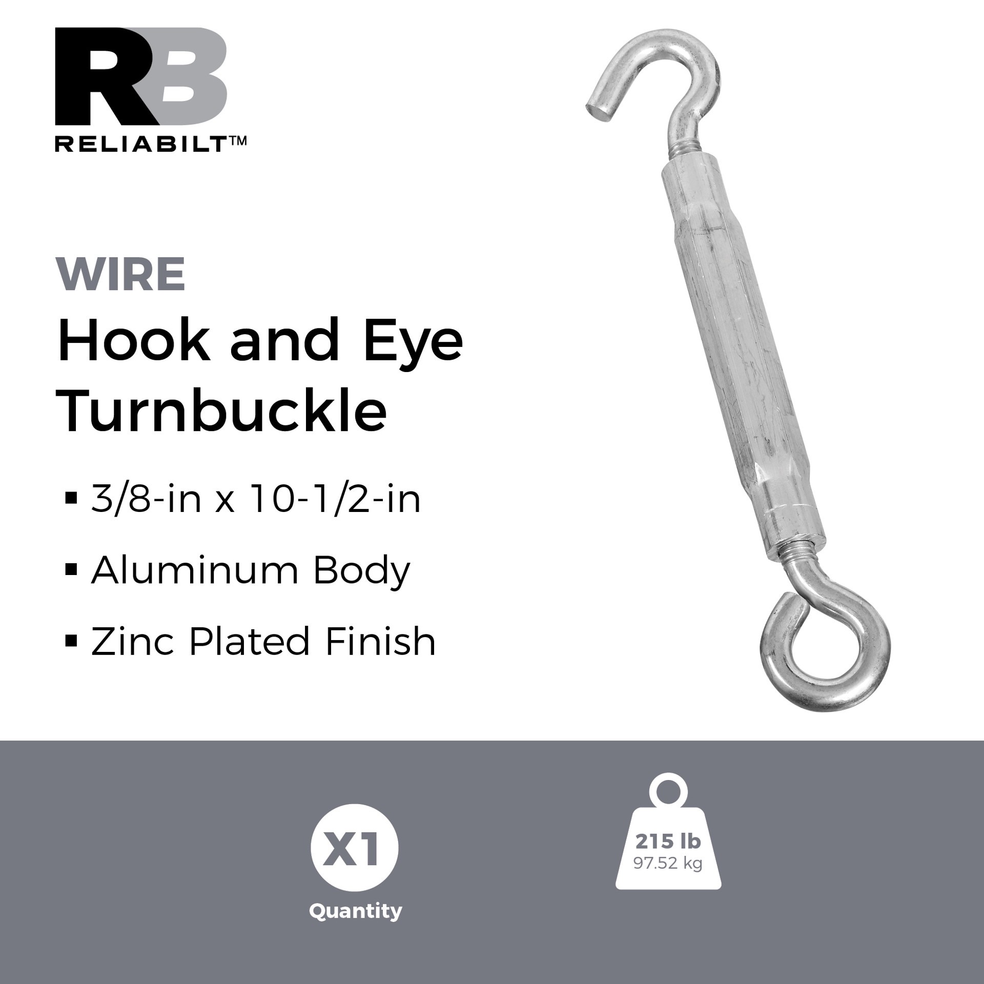 slide 2 of 6, RELIABILT 3/8 x 10-1/2 Aluminum/Steel Hook and eye Turnbuckle, 1 ct