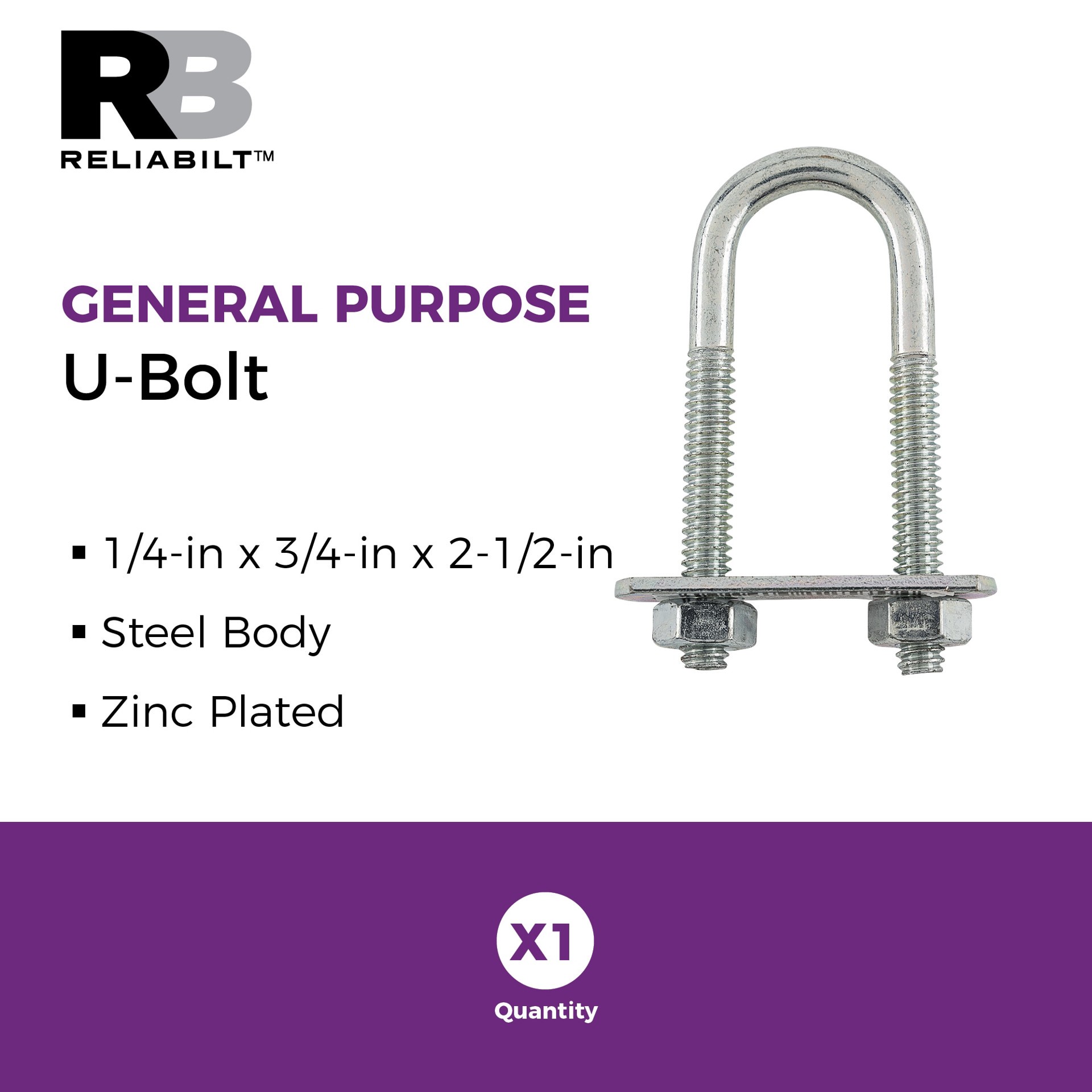 slide 2 of 5, RELIABILT 1/4-in 1/4-in x 2-1/2-in Zinc-plated Interior/Exterior Coarse Thread U-bolt Bolt, 1 ct