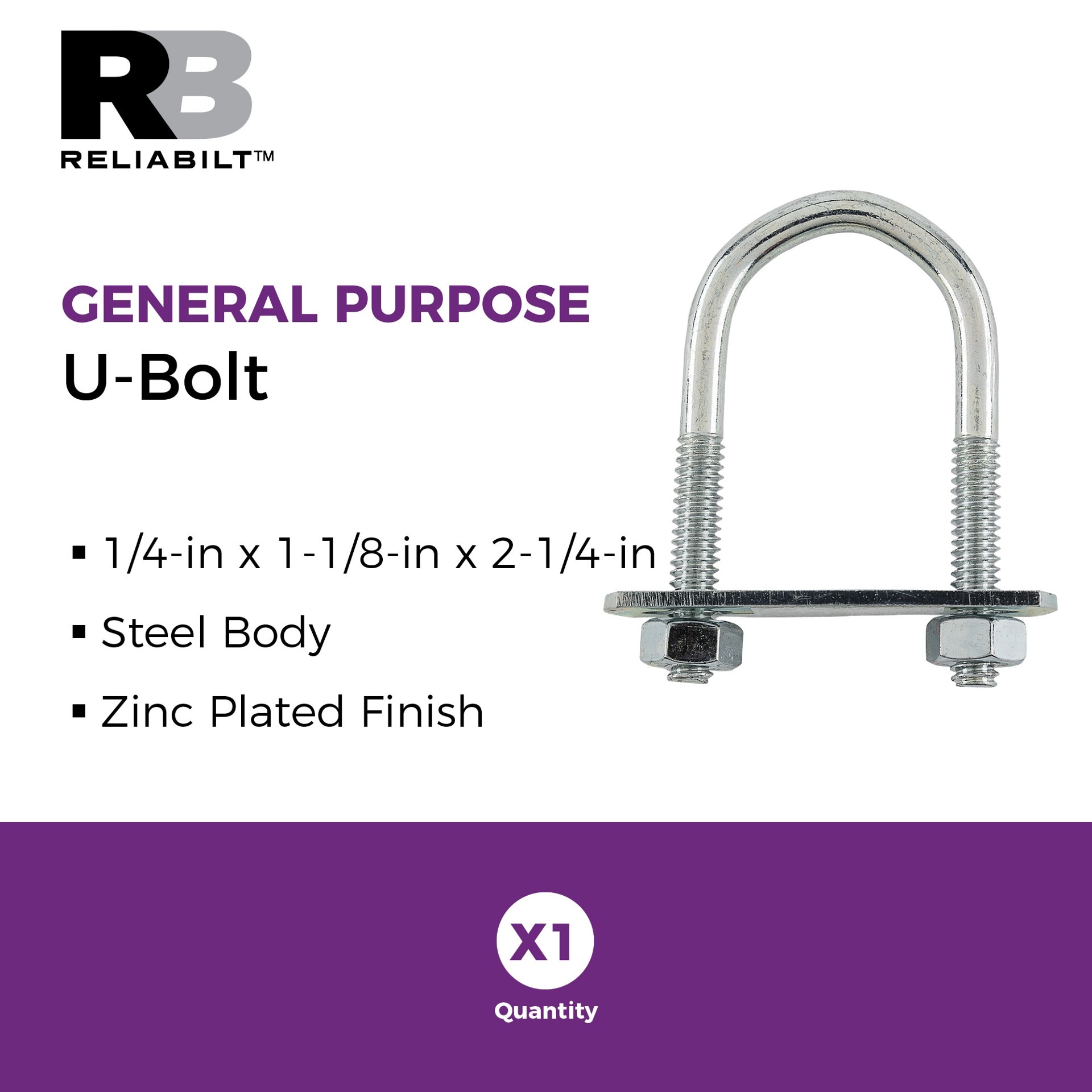 slide 2 of 6, RELIABILT 1/4-in 1/4-in x 2-1/4-in Zinc-plated Interior/Exterior Coarse Thread U-bolt Bolt, 1 ct
