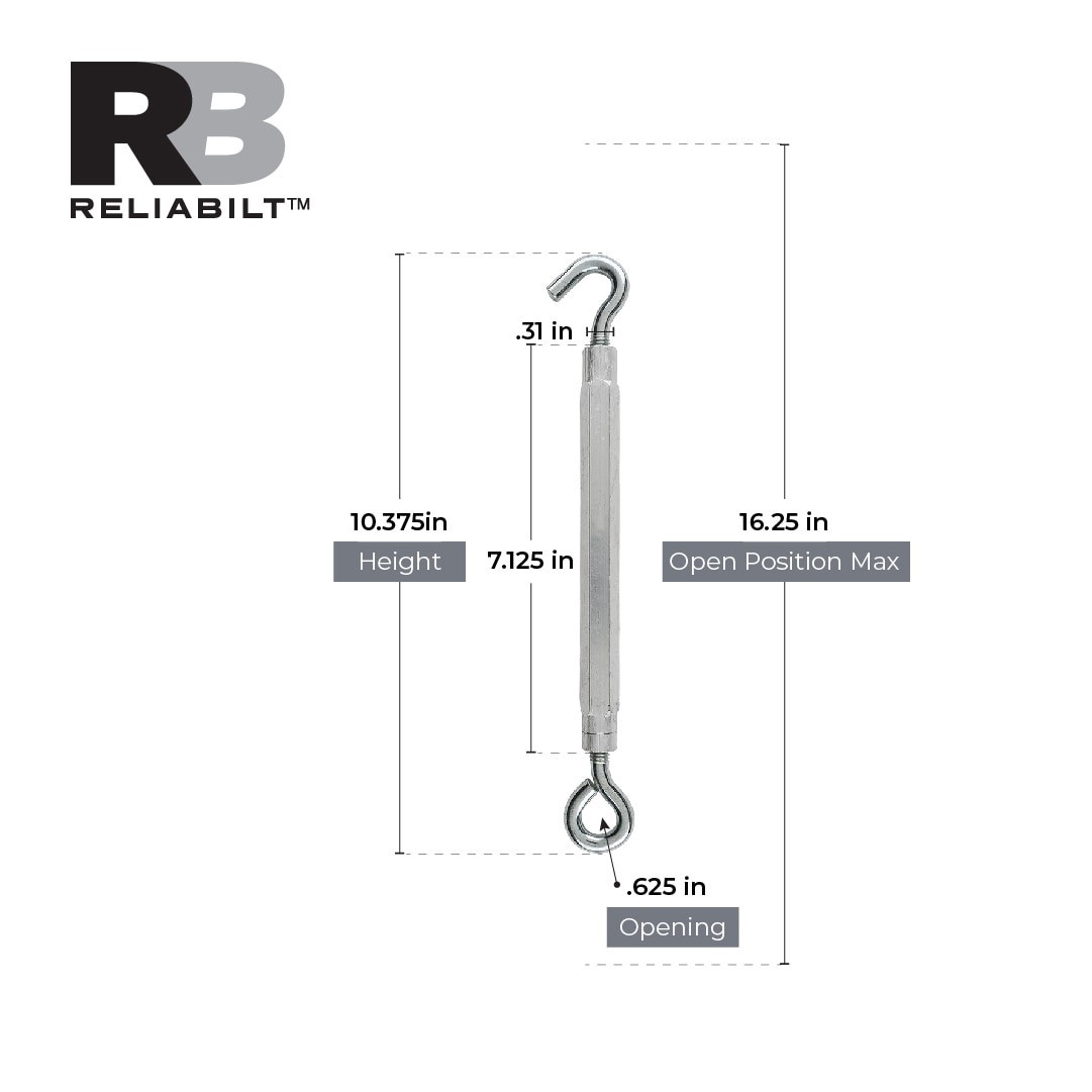 slide 3 of 6, RELIABILT 3/8-in x 16-in Aluminum/Steel Hook and eye Turnbuckle, 1 ct