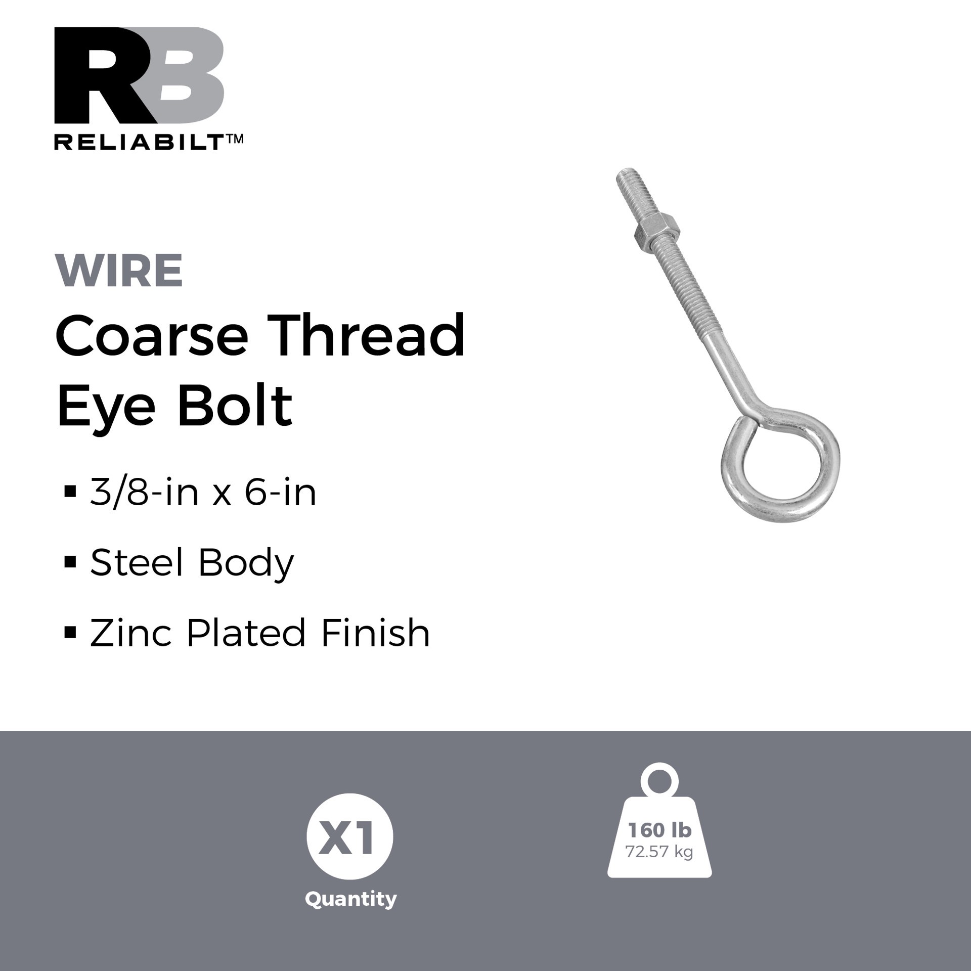 slide 2 of 6, RELIABILT 3/8-in 3/8-in x 3-in Zinc-plated Interior/Exterior Coarse Thread Eye Bolt, 1 ct